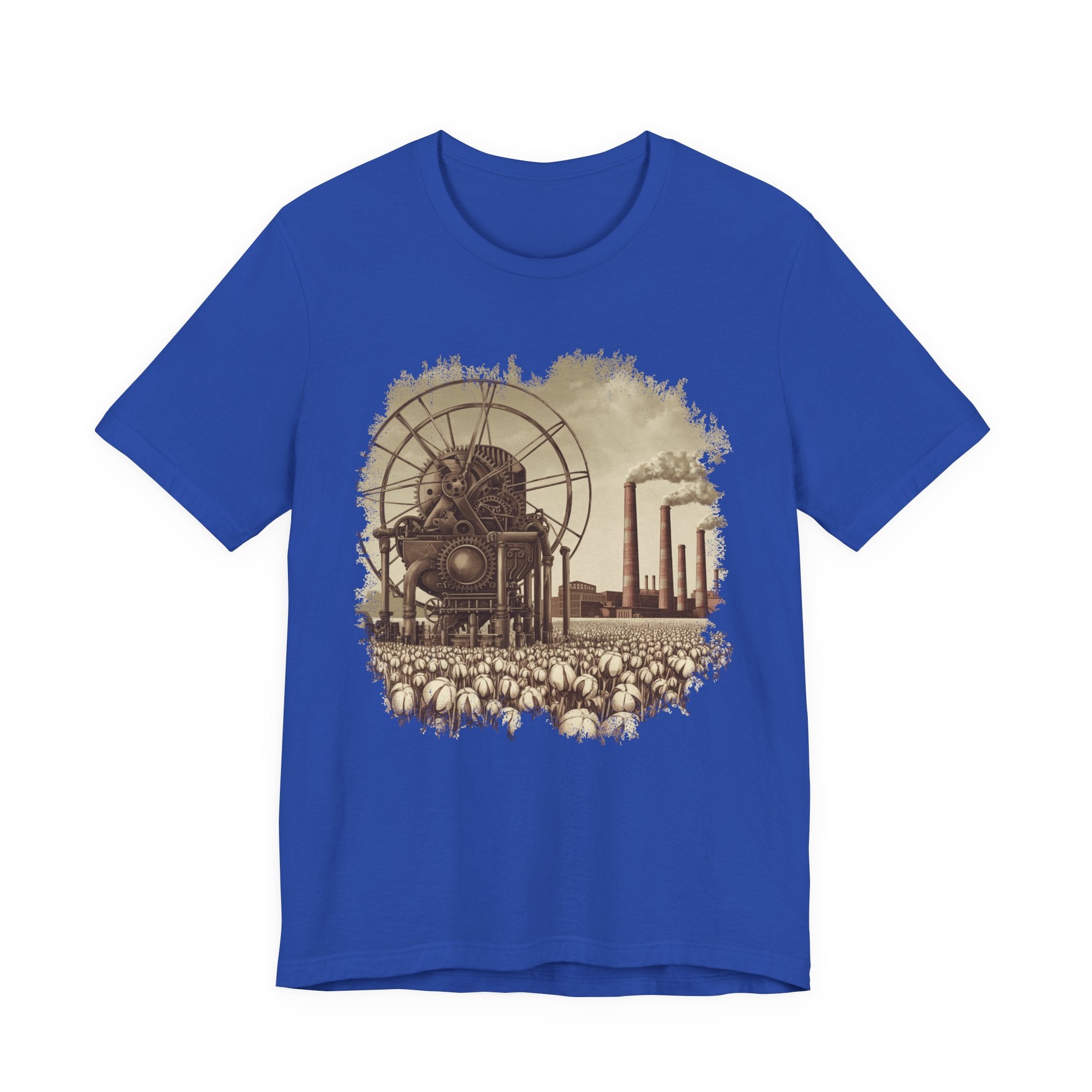 Cotton Gin Club Tshirt – Harvest-Ready Cotton Field with Historic Spinning Machine and Factory