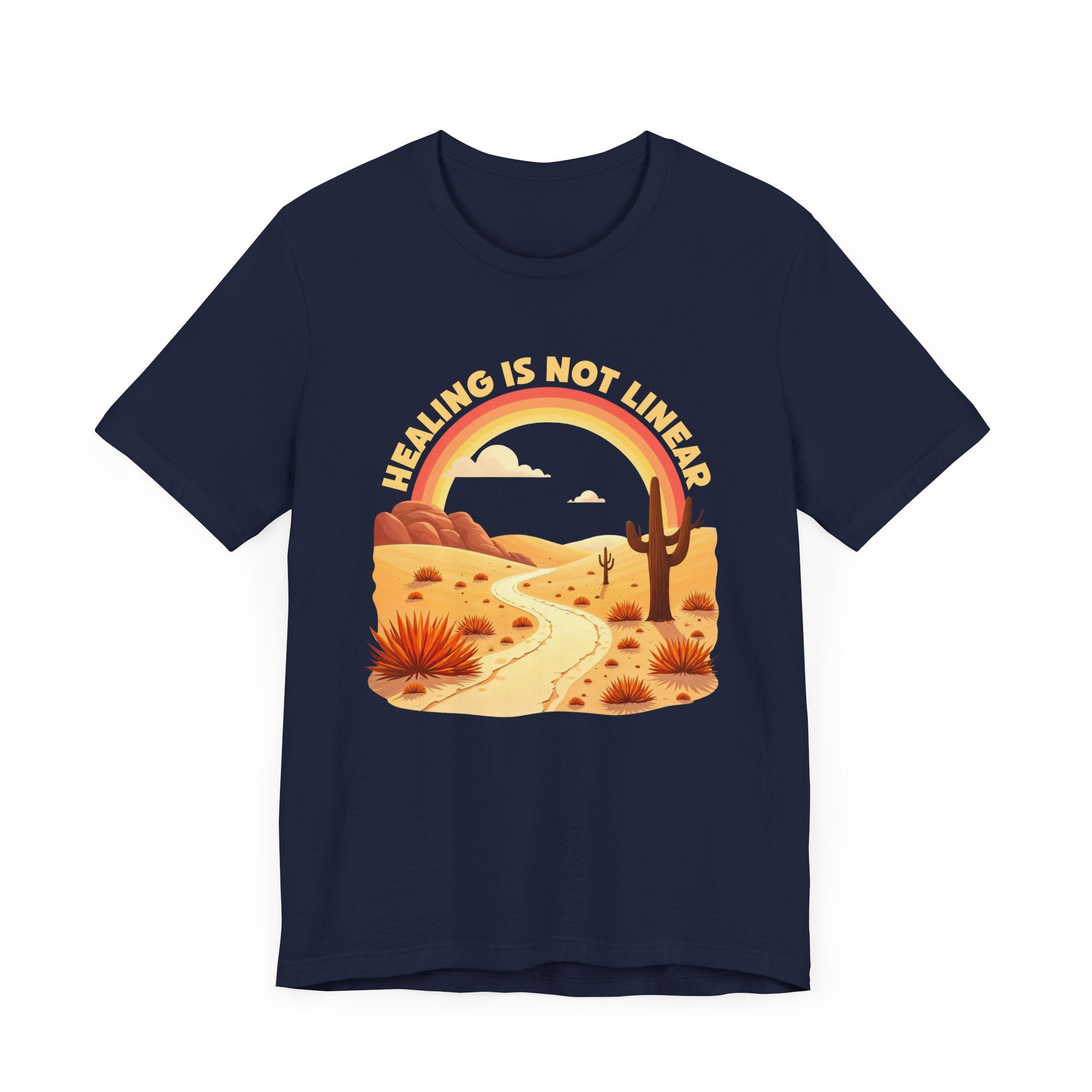 Healing Is Not Linear – Warm Desert Rainbow & Winding Road Graphic T-Shirt