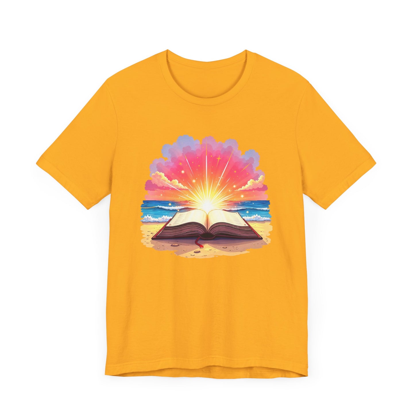 Magical Open Book on Beach with Radiant Flashlight Graphic T-Shirt