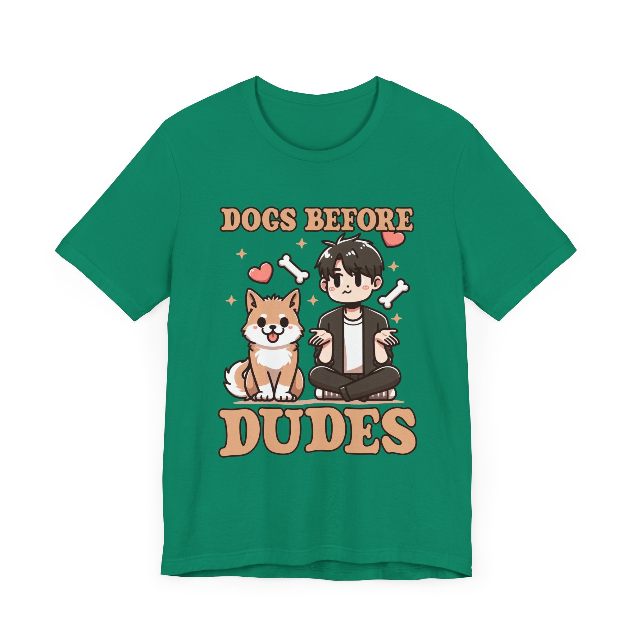 Dogs Before Dudes | Smiling Puppy & Surprised Boy with Hearts, Bones, and Stars T-Shirt