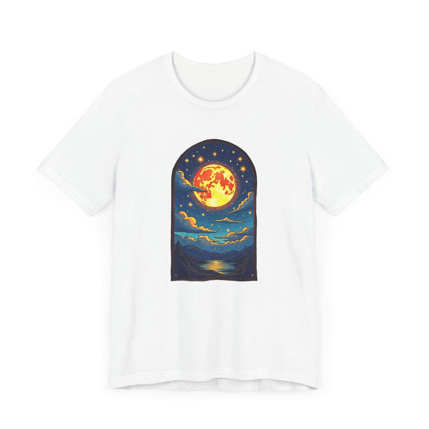 Castle Window View of Glowing Full Moon with Reflection and Stars Graphic T-Shirt