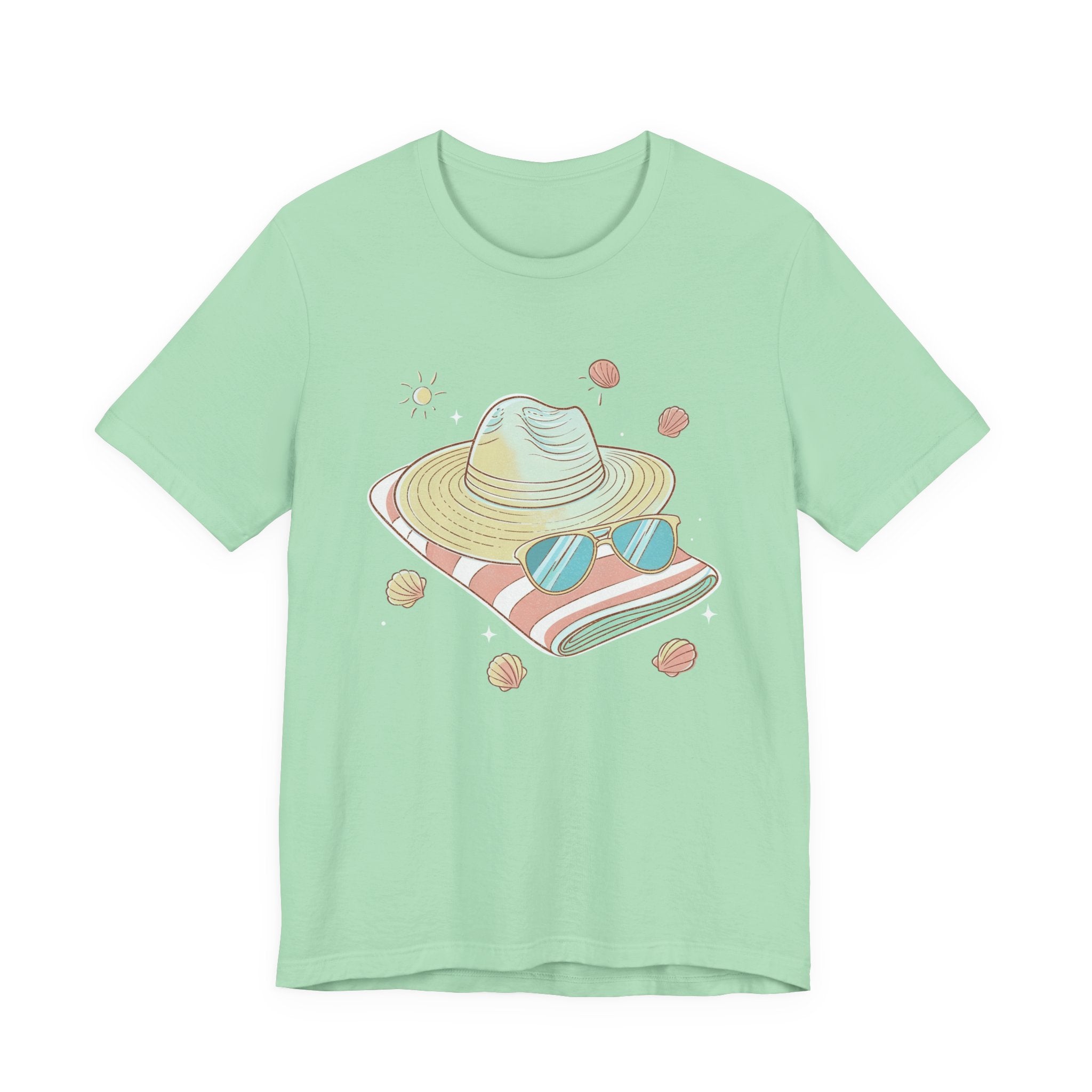 Sun Kissed & Carefree Beach Day Essentials – Towel, Sunglasses & Hat with Sun and Seashells Graphic T-Shirt
