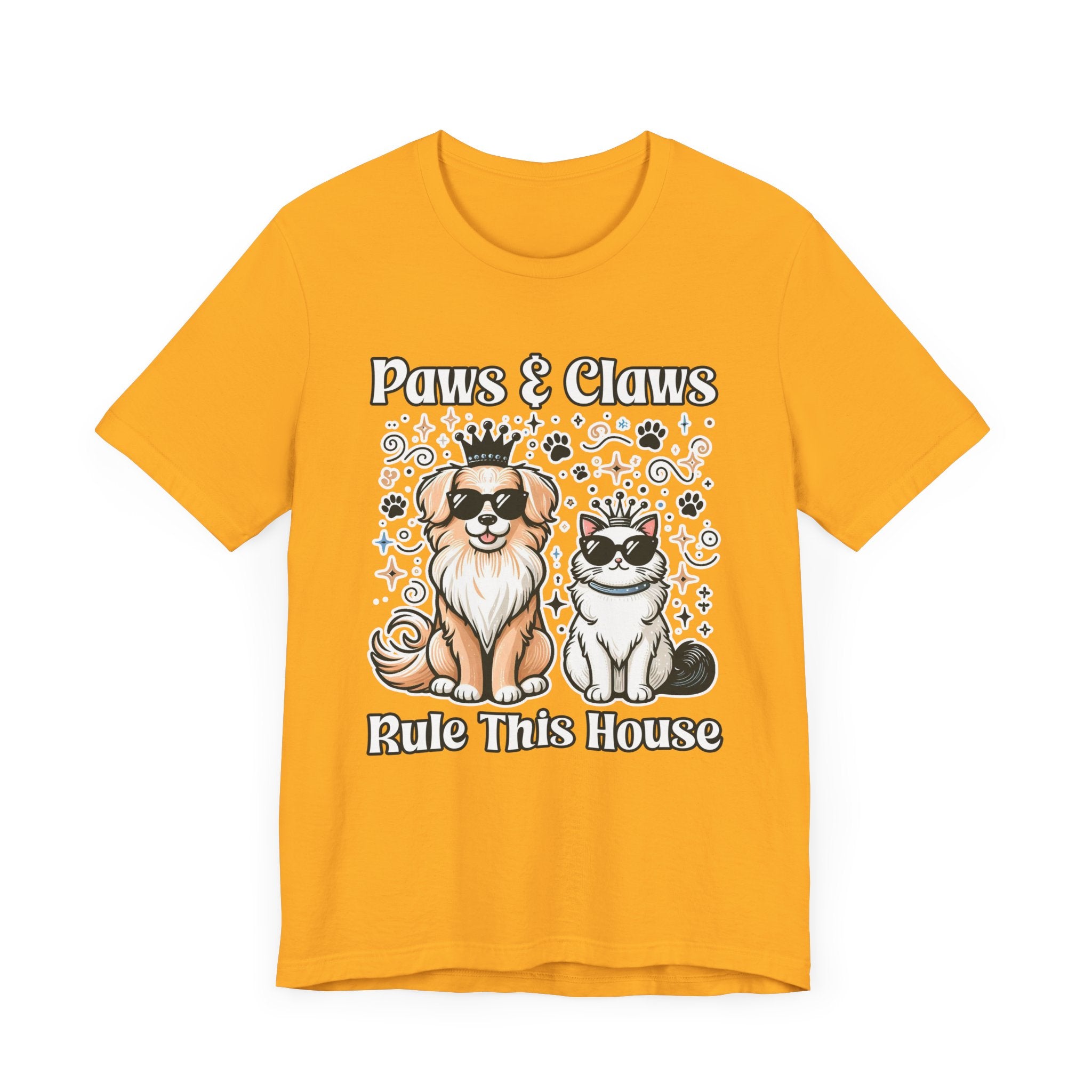 Paws and Claws Rule the House | Smiling Dog & Cat with Paw Shapes T-Shirt