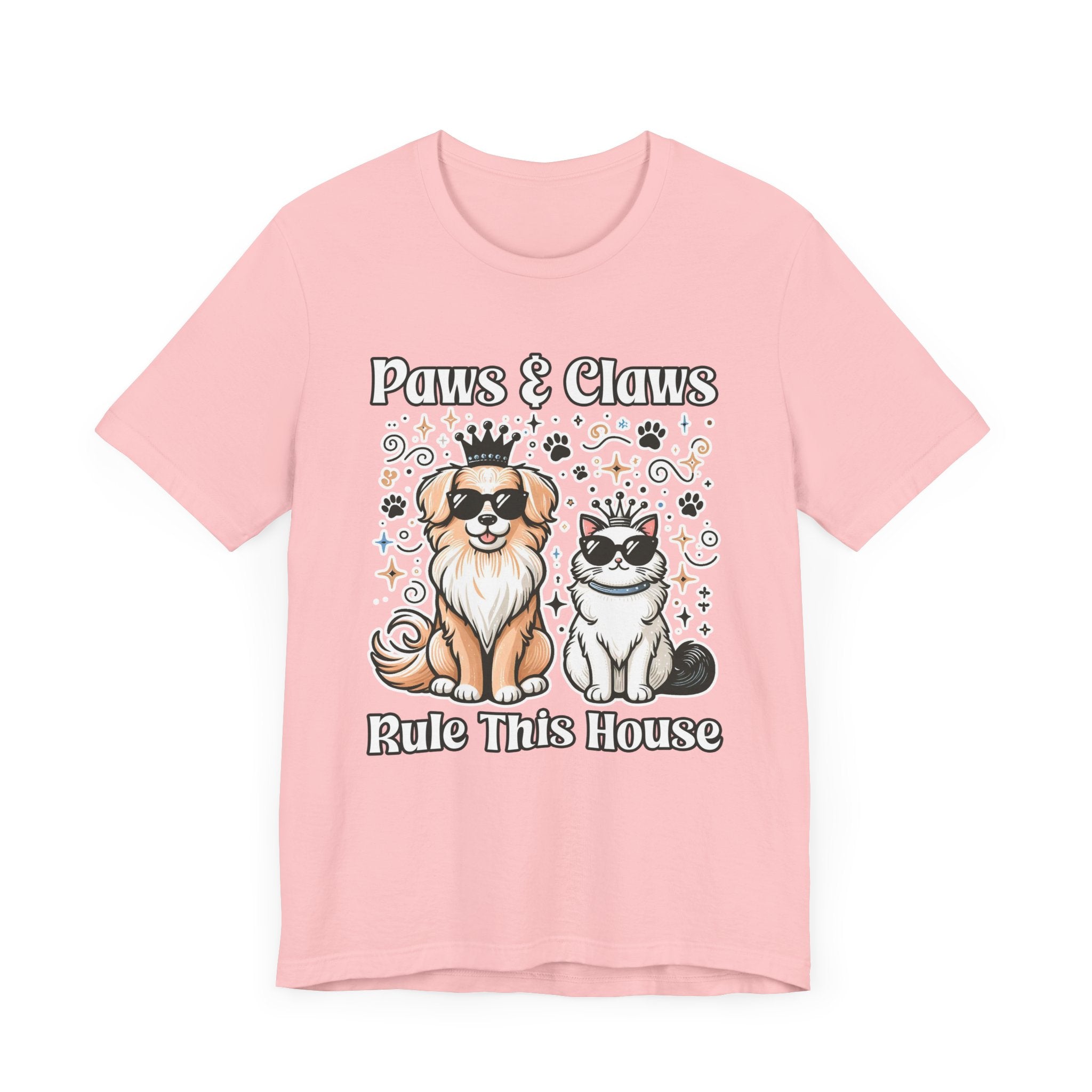 Paws and Claws Rule the House | Smiling Dog & Cat with Paw Shapes T-Shirt