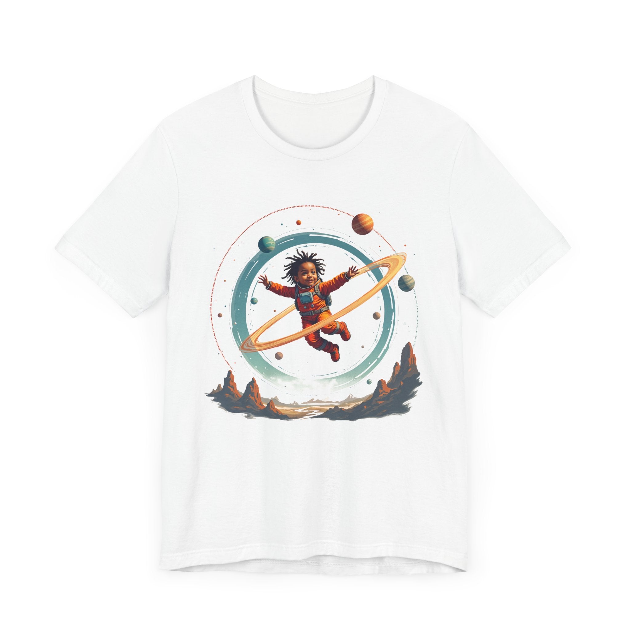 Toddler Flying in Spacesuit with Revolving Planets Space Adventure Graphic T-Shirt