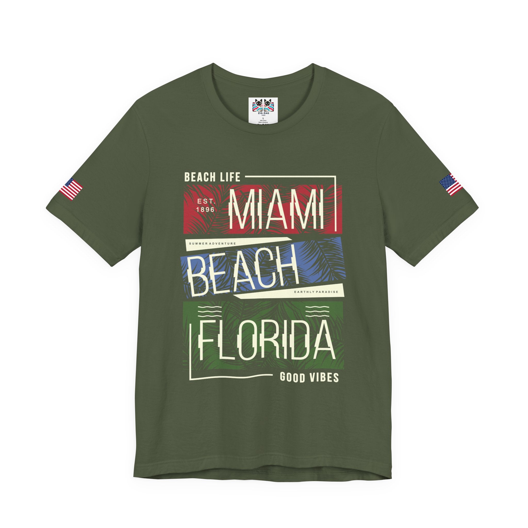 Miami Beach Florida T-Shirt – Beach Life EST 1896 Good Vibes Tropical Panel Graphic Tee