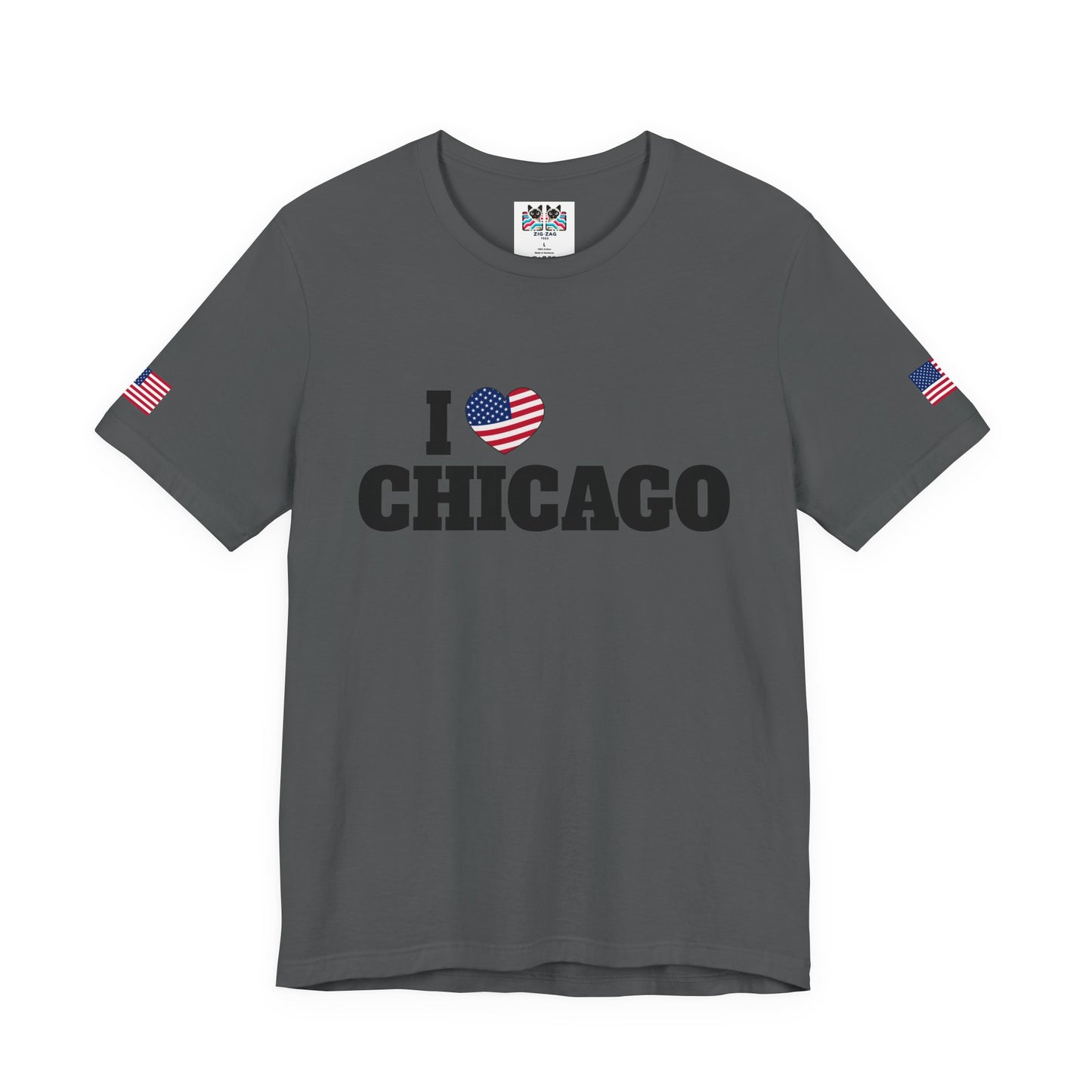 I Love Chicago T-Shirt - Classic USA Flag Heart Black Simple City Pride Design