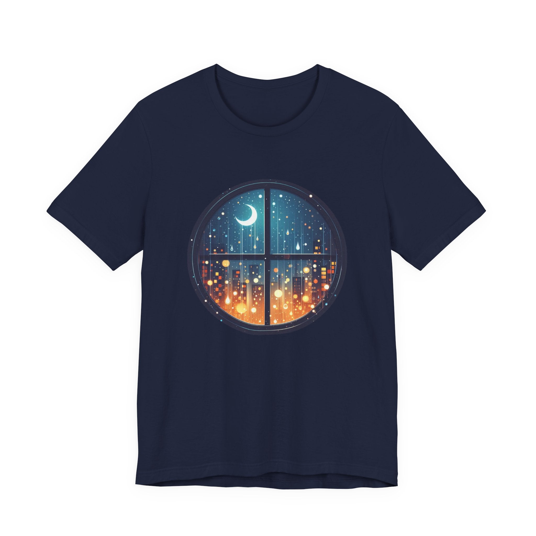 Dreaming Under Drizzles – Crescent Moon & Rainy Night in a City Window Graphic T-Shirt