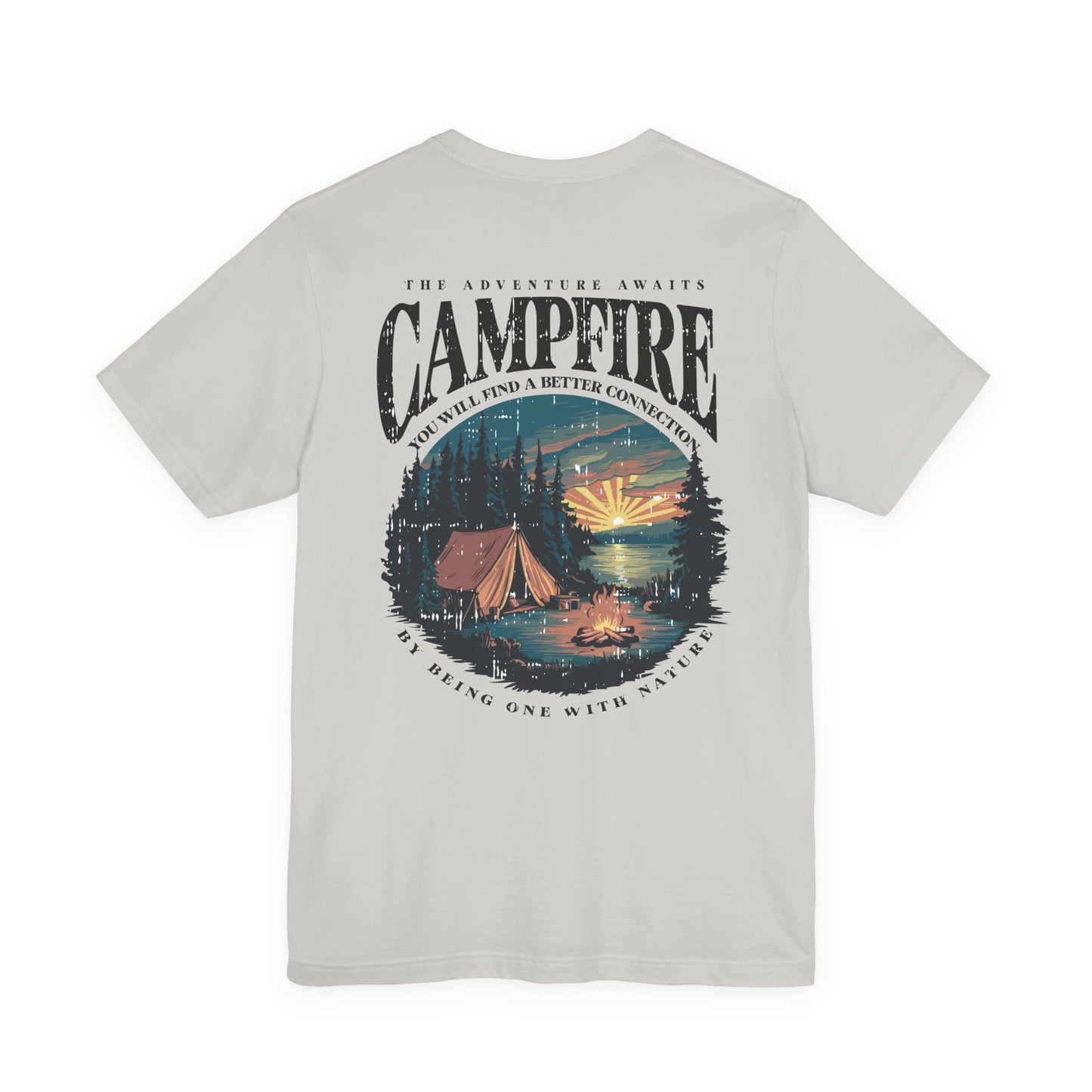 The Adventure Awaits Campfire T-Shirt – Forest Sunset Reflection Graphic