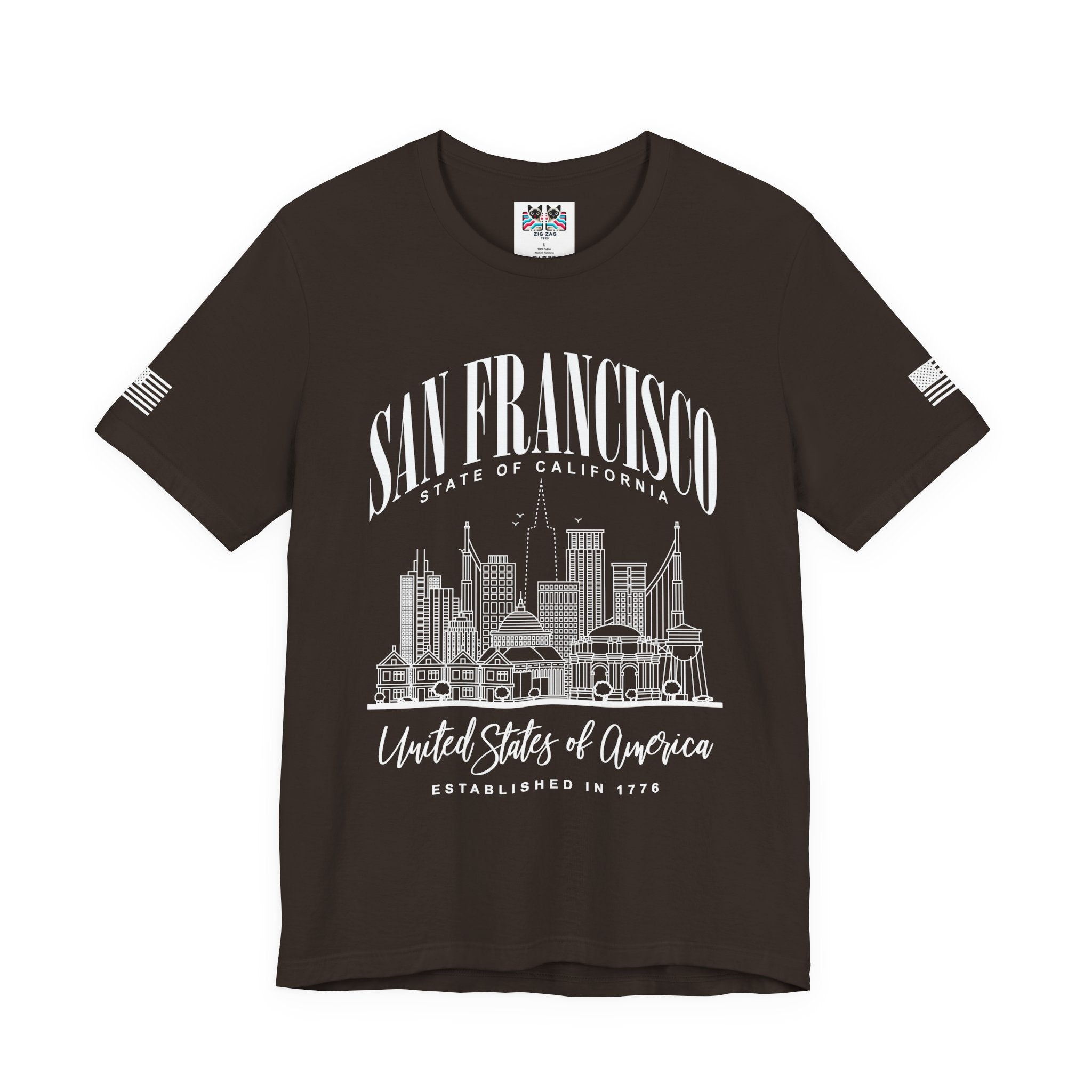 San Francisco State of California T-Shirt – Detailed Skyline Outline Established 1776 United States of America Tee