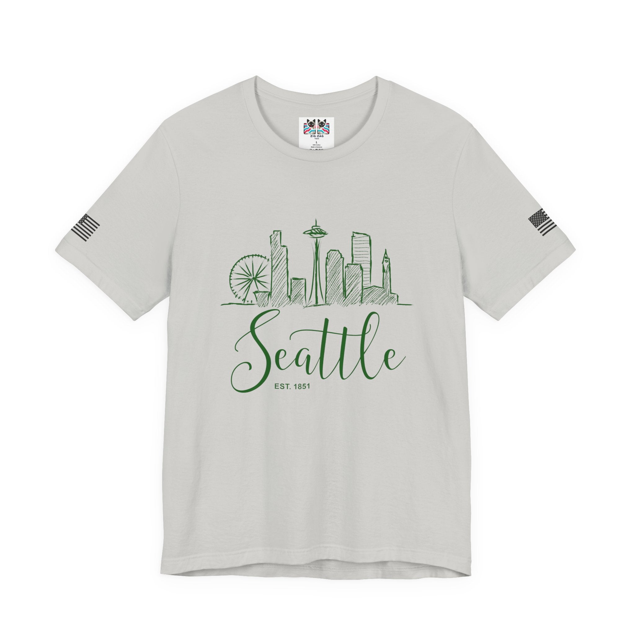 Seattle EST 1851 Hand-Drawn Sketch Skyline Script T-Shirt | Seattle Souvenir Tee | Space Needle Great Wheel Shirt