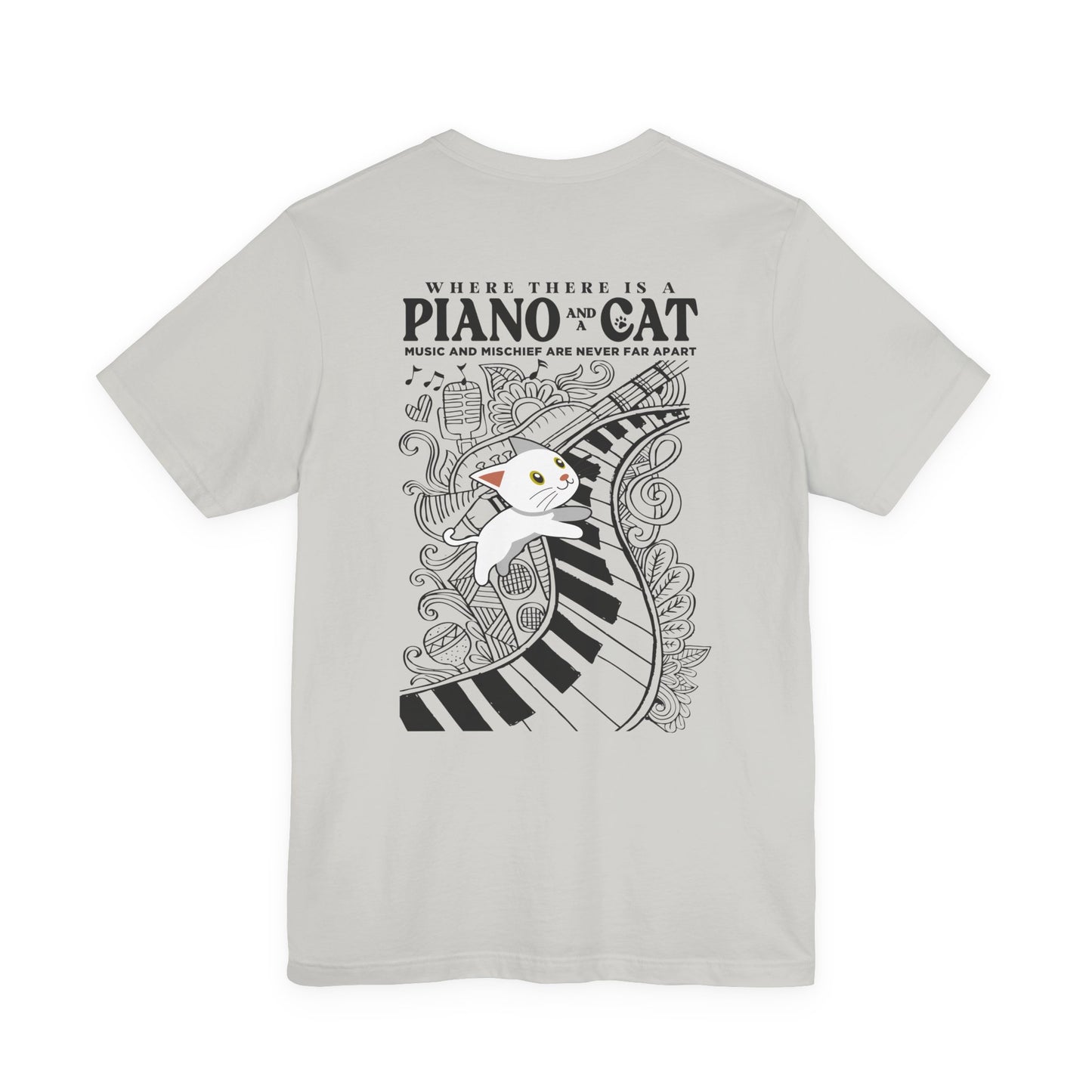 Music and Mischief T-Shirt – Piano and Playful Cat Graphic