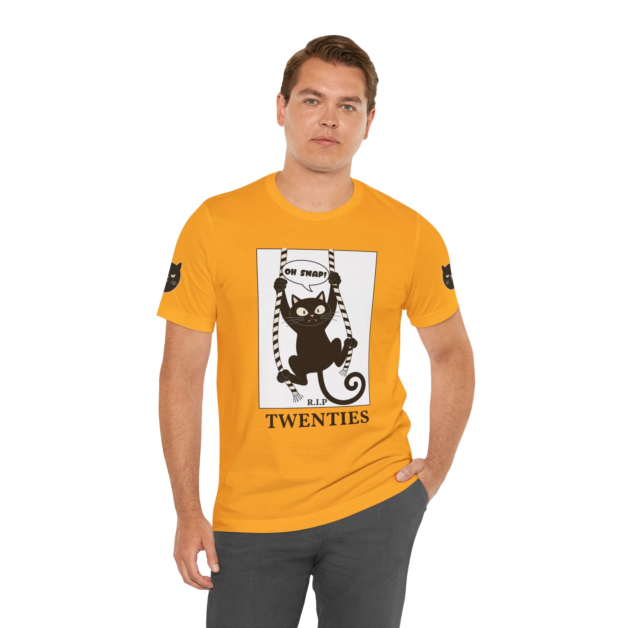 Custom T-Shirt - Oh Snap Funny Cat T-Shirt – Cat Hanging from Blinds Mischievous Kitten Humor Graphic Tee