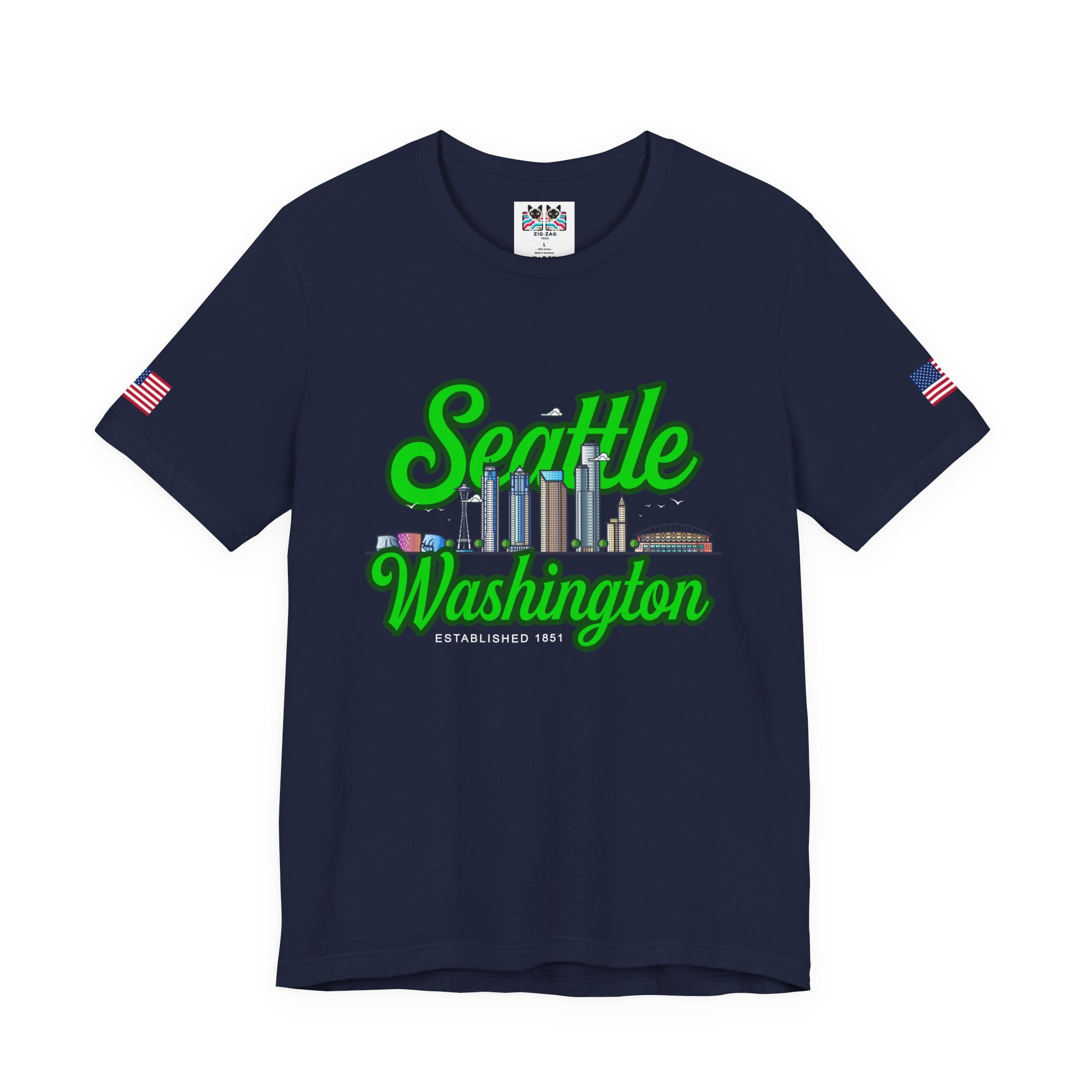 Seattle Washington Retro Script Skyline T-Shirt | Established 1851 Graphic Tee | Pacific Northwest Pride Shirt