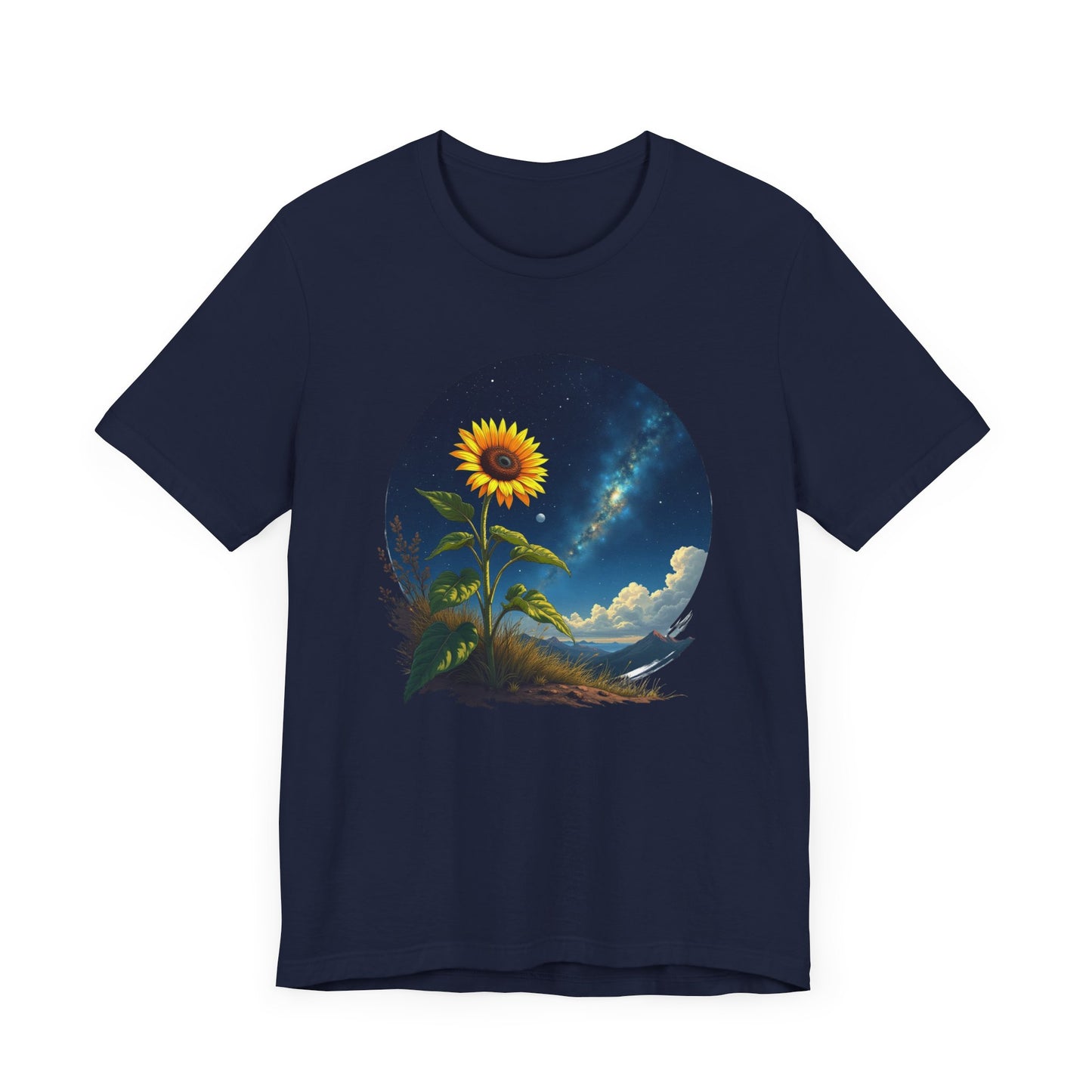 Cosmic Bloom Sunflower with Sky, Clouds & Mountains Reaction Graphic T-Shirt