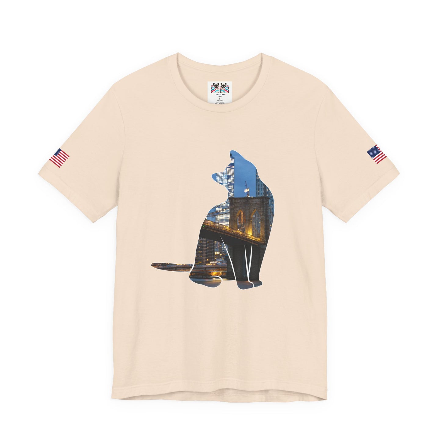 NYC Cat Silhouette T-Shirt - New York City Skyline in Cat Shape Brooklyn Bridge Design