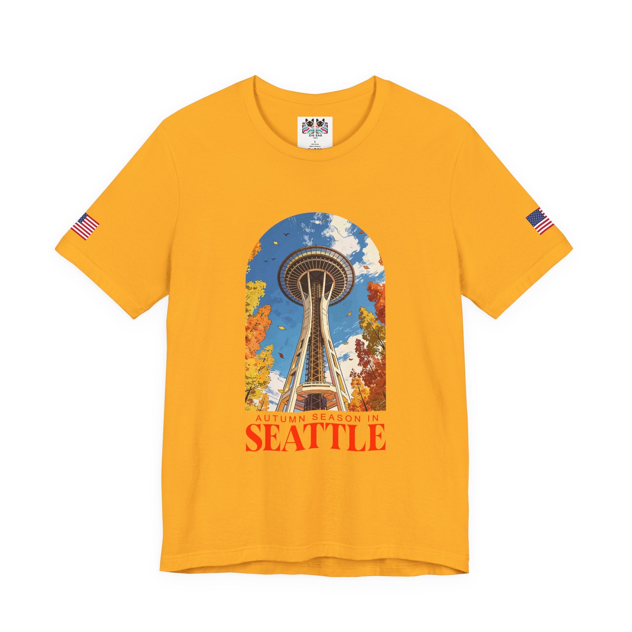 Autumn Season in Seattle Space Needle Fall Foliage T-Shirt | Seattle Fall Graphic Tee | Space Needle Seasonal Shirt