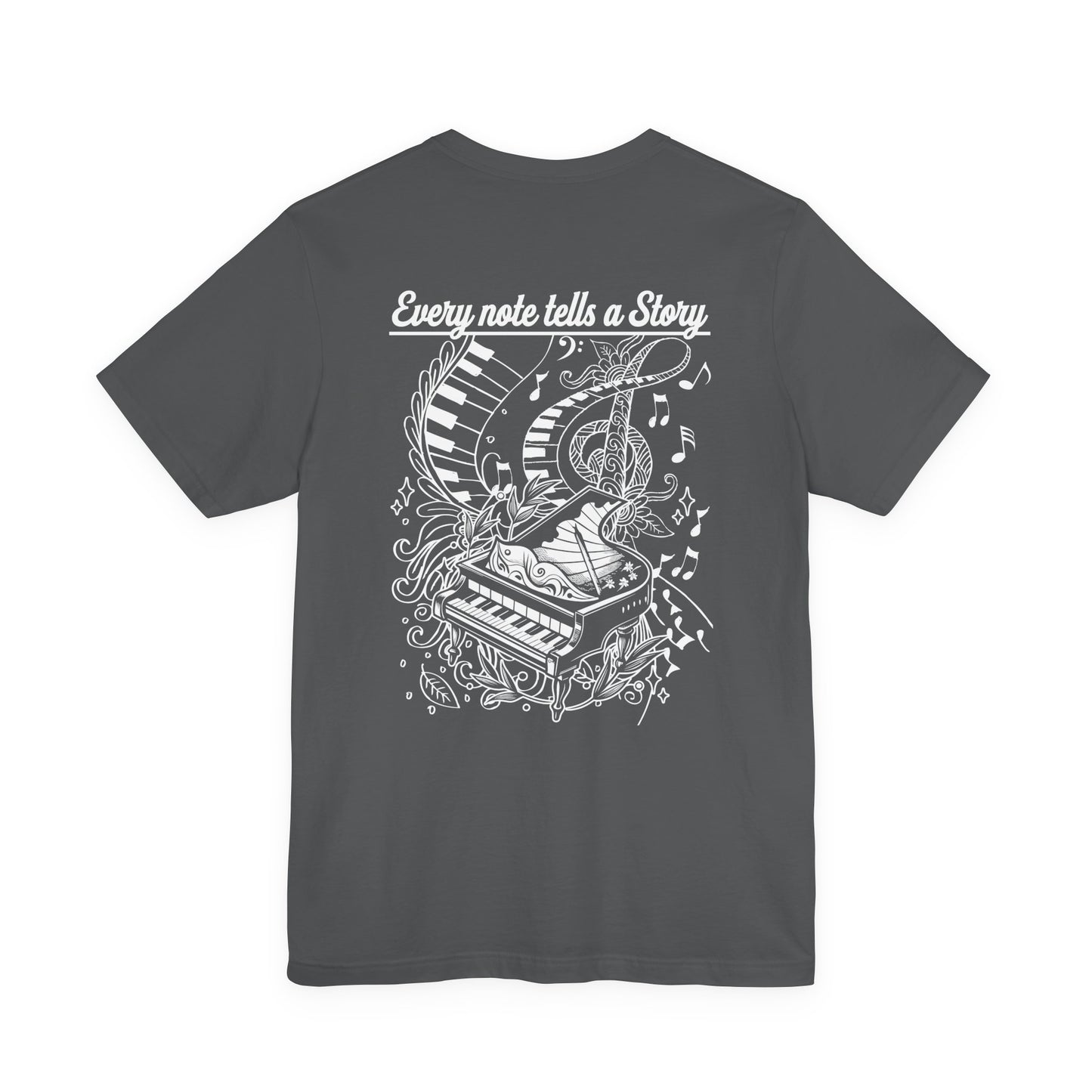 Grand Piano Story T-Shirt – Artistic Music Notes & Keys Graphic