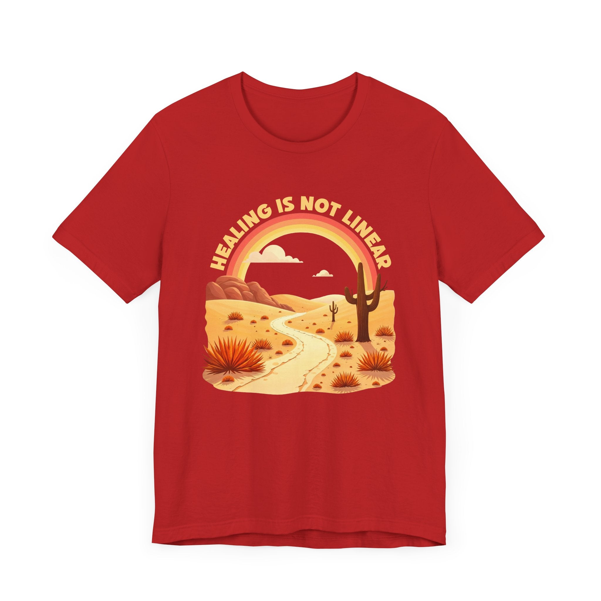 Healing Is Not Linear – Warm Desert Rainbow & Winding Road Graphic T-Shirt