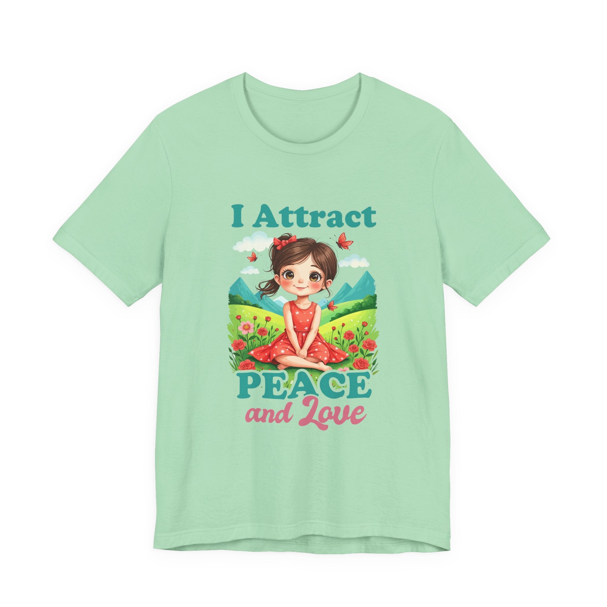 I Attract PEACE & Love – Little Girl in Nature with Butterflies Graphic T-Shirt