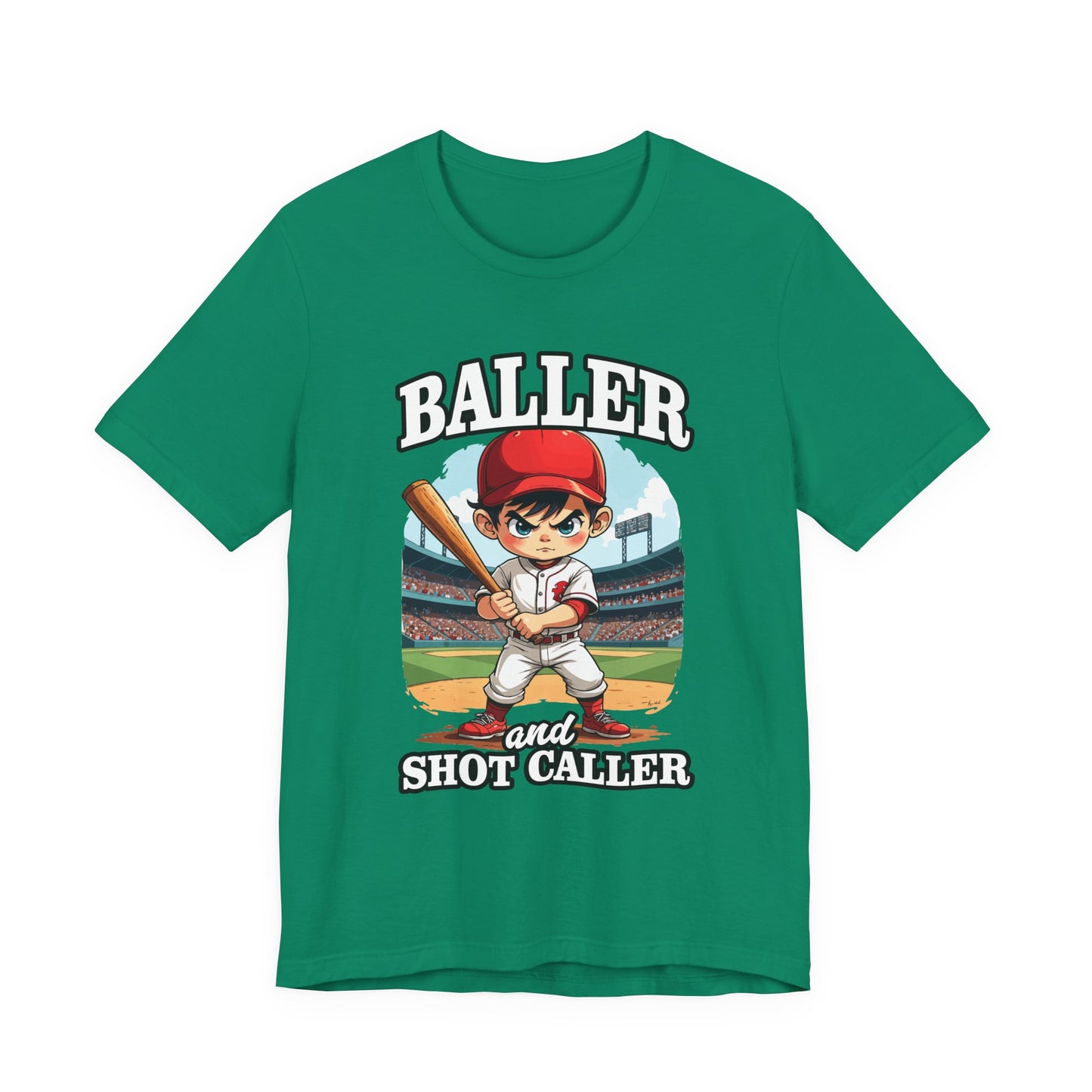 Baller And Short Caller Tshirt young baseball player standing confidently on the pitch