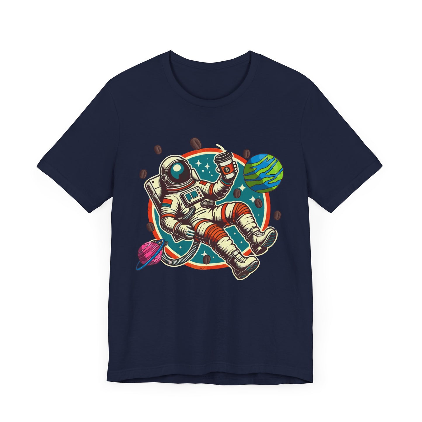 Space Coffee Break | Astronaut Floating with Coffee Cup & Planets Graphic T-Shirt