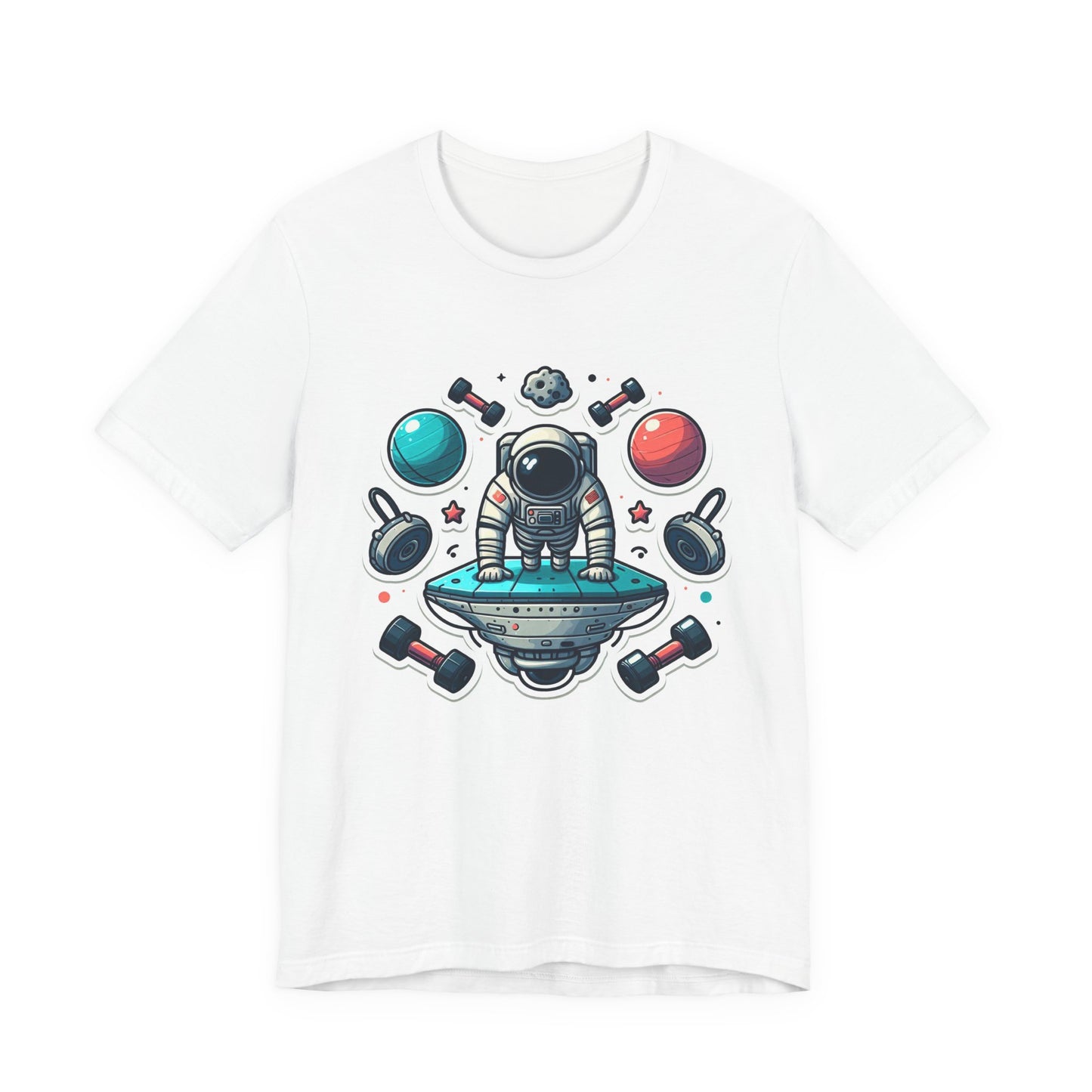 Rocket Science is My Cardio - Astronaut Doing Pushups Tshirt – Space Workout with Gadgets, Planets, and Dumbbells