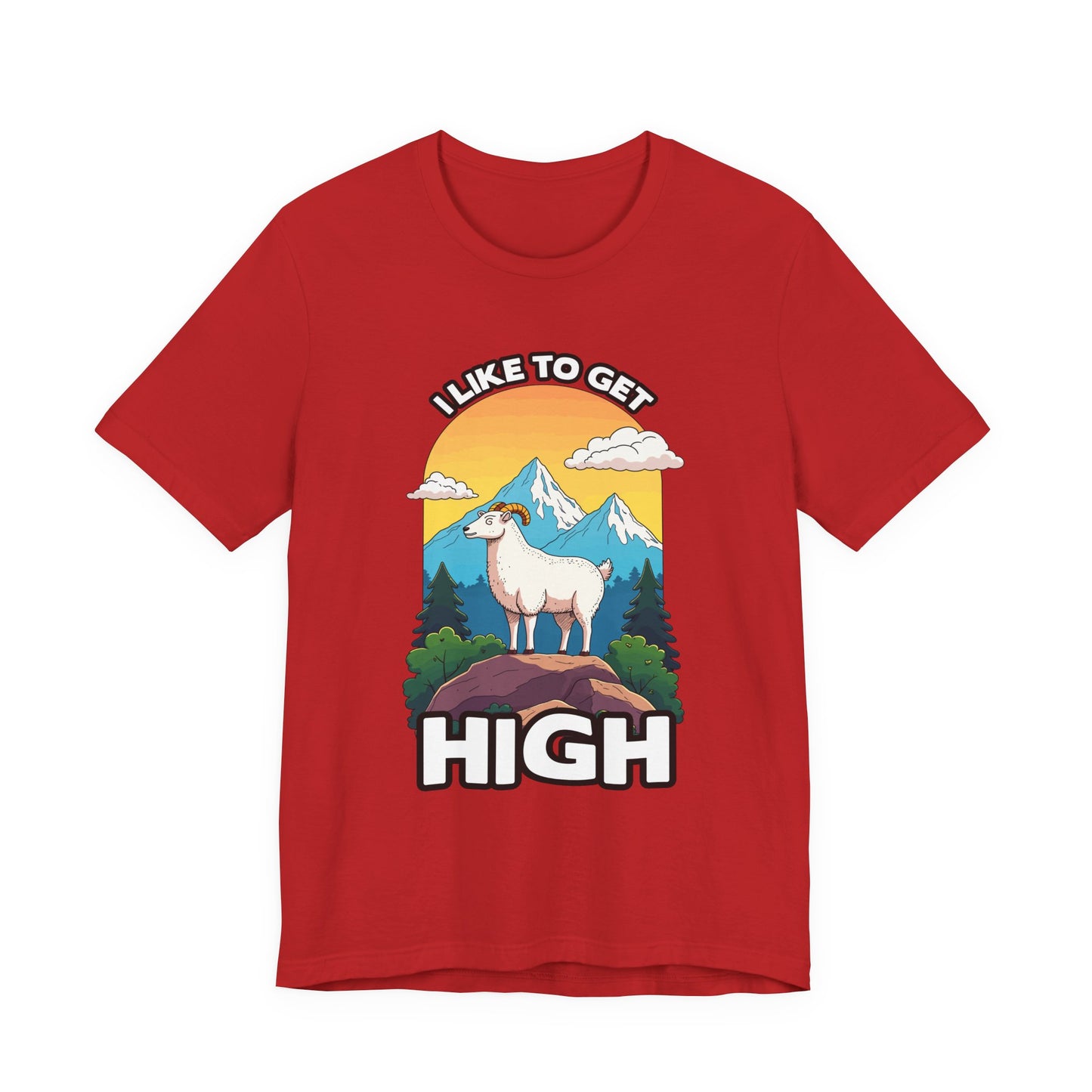 I Like to Get High Tshirt – Mountain Goat Standing on High Rock with Mountain Scenery
