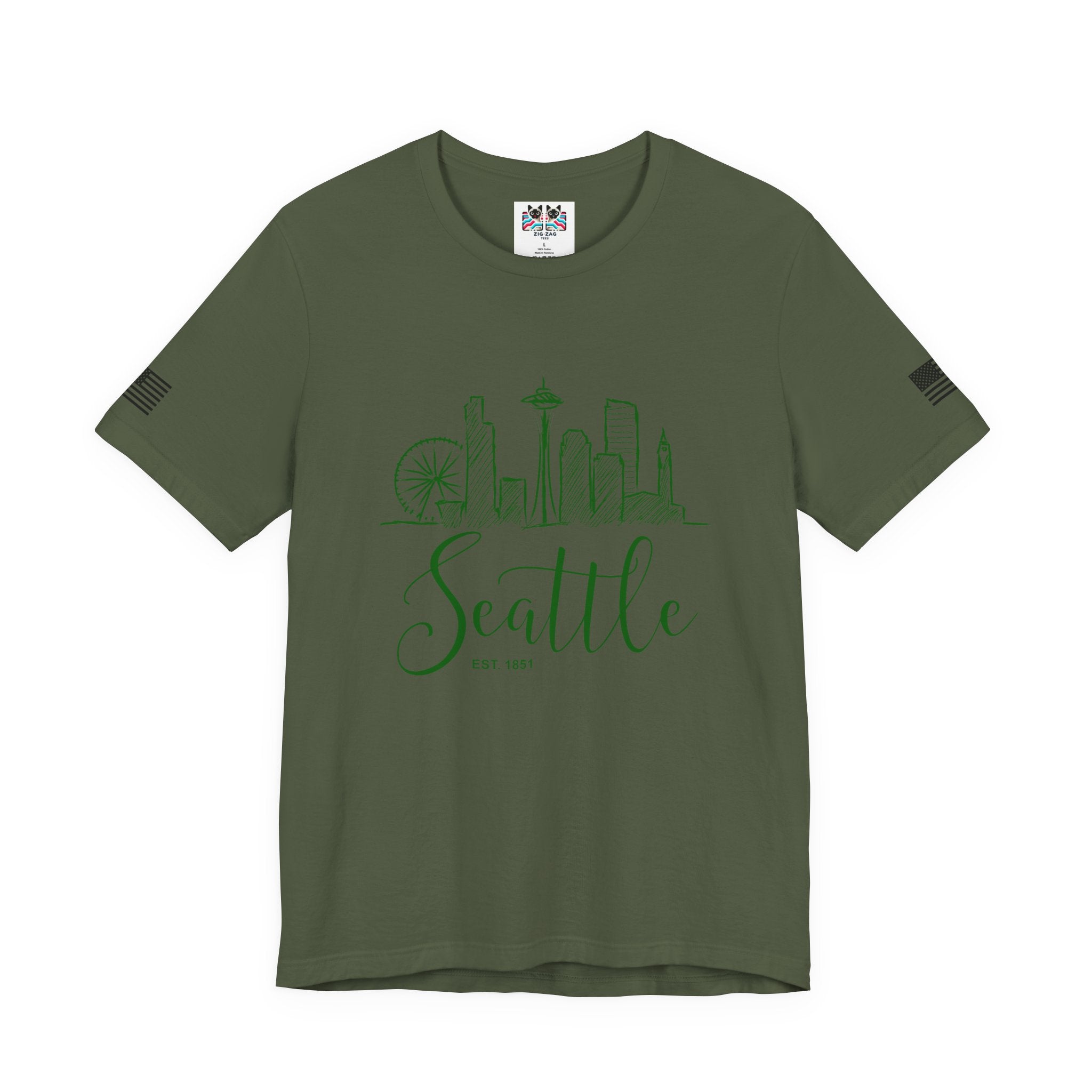 Seattle EST 1851 Hand-Drawn Sketch Skyline Script T-Shirt | Seattle Souvenir Tee | Space Needle Great Wheel Shirt