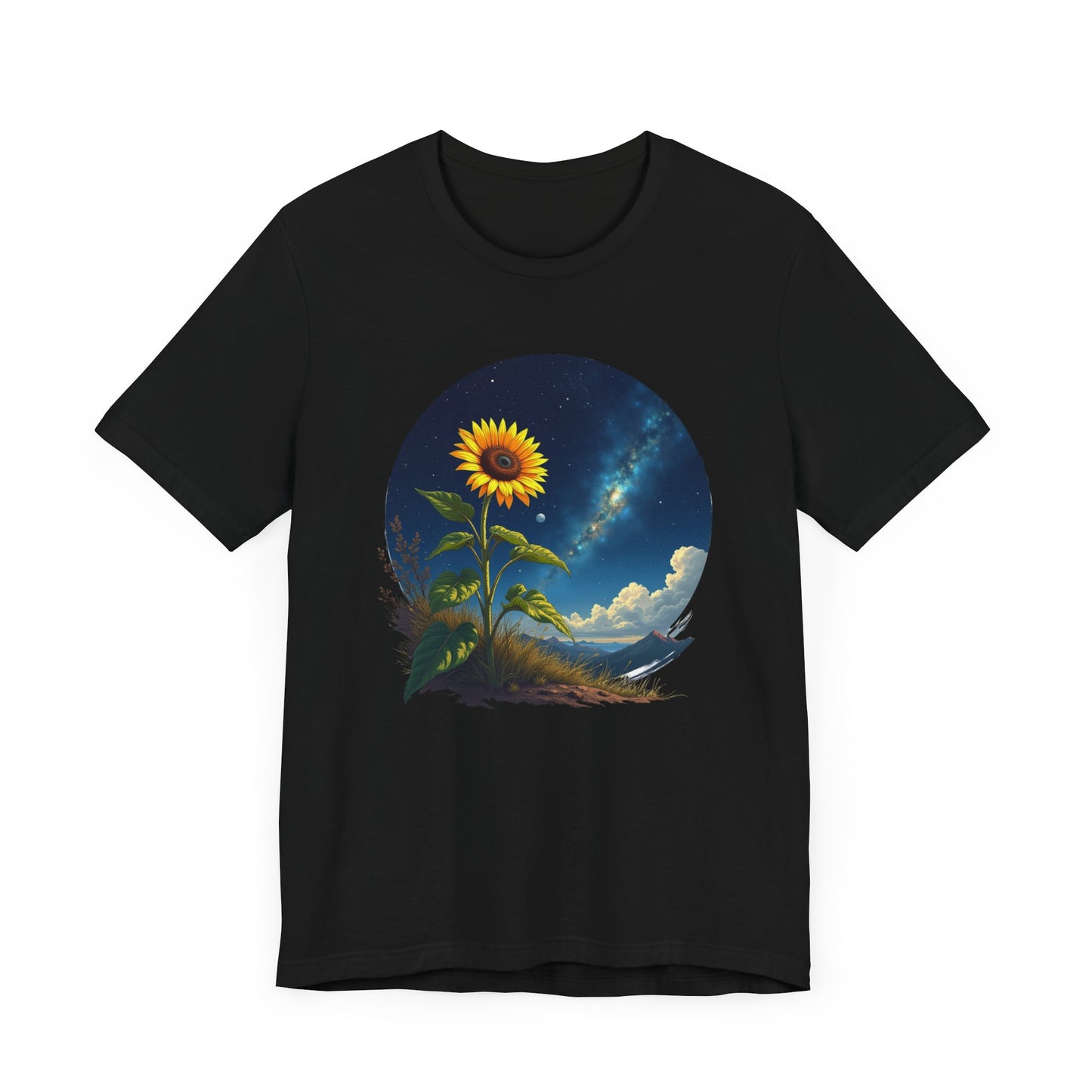 Cosmic Bloom Sunflower with Sky, Clouds & Mountains Reaction Graphic T-Shirt