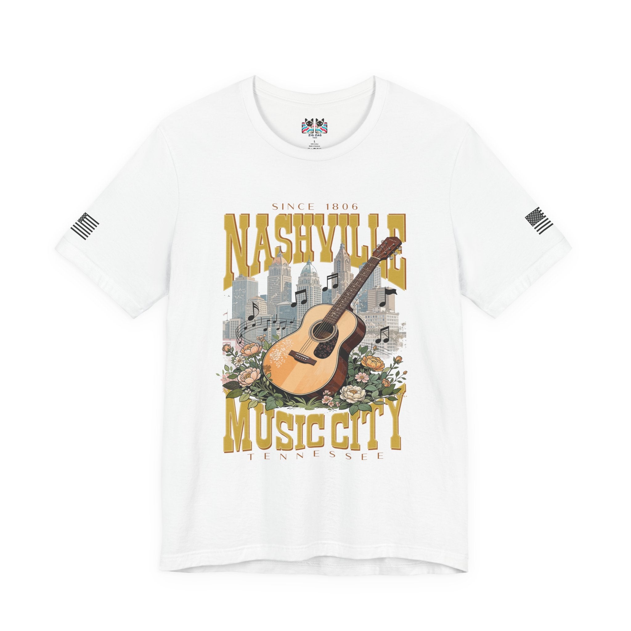 Nashville Music City Since 1806 T-Shirt – Acoustic Guitar Skyline Floral Graphic Tee Tennessee