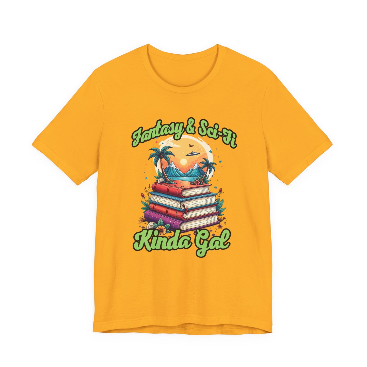 Fantasy And SciFi Kinda Gal Tshirt with Stacked Books with Flowers, Trees, Mountains and UFO