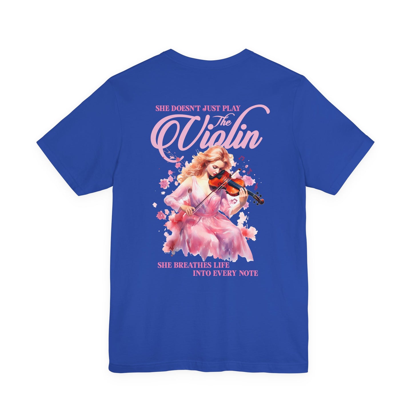 The Violin T-Shirt – Woman in Pink Dress with Flowers and Music Notes