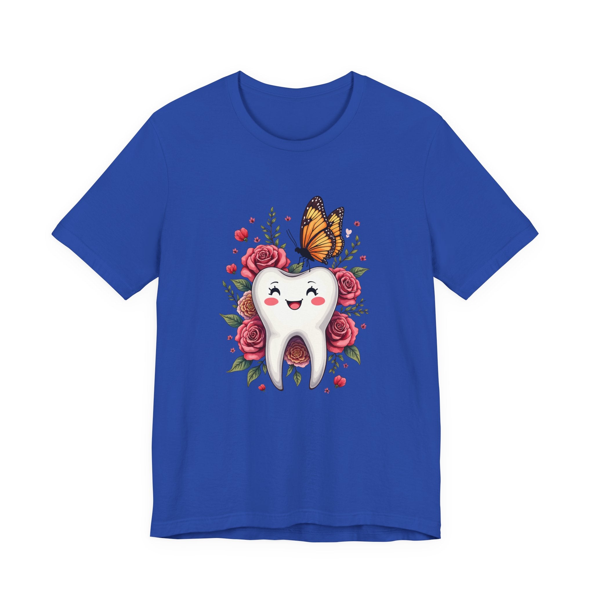 Smile T Shirt Featuring Large Smiling Tooth Surrounded by Flowers Leaves and Butterflies
