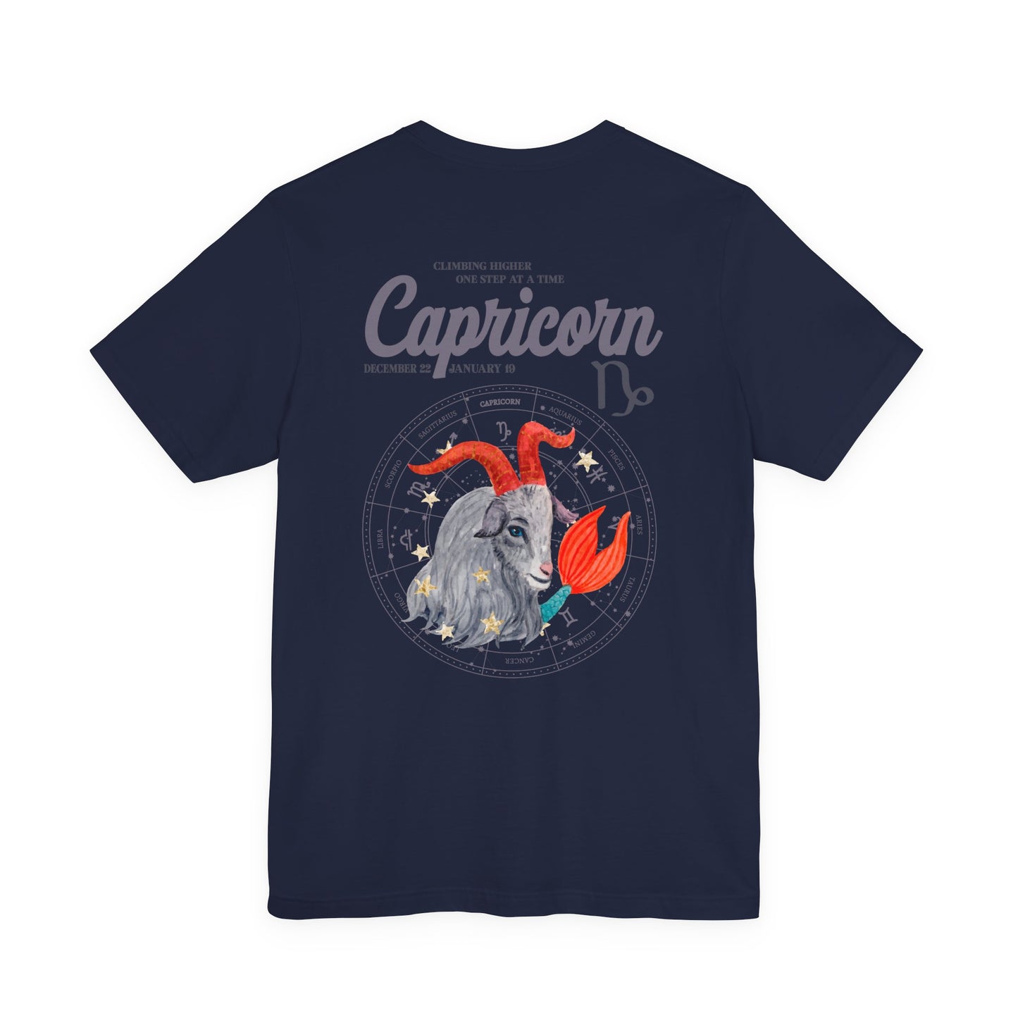 Capricorn Zodiac T-Shirt – Climbing Higher One Step At A Time Astrological wheel