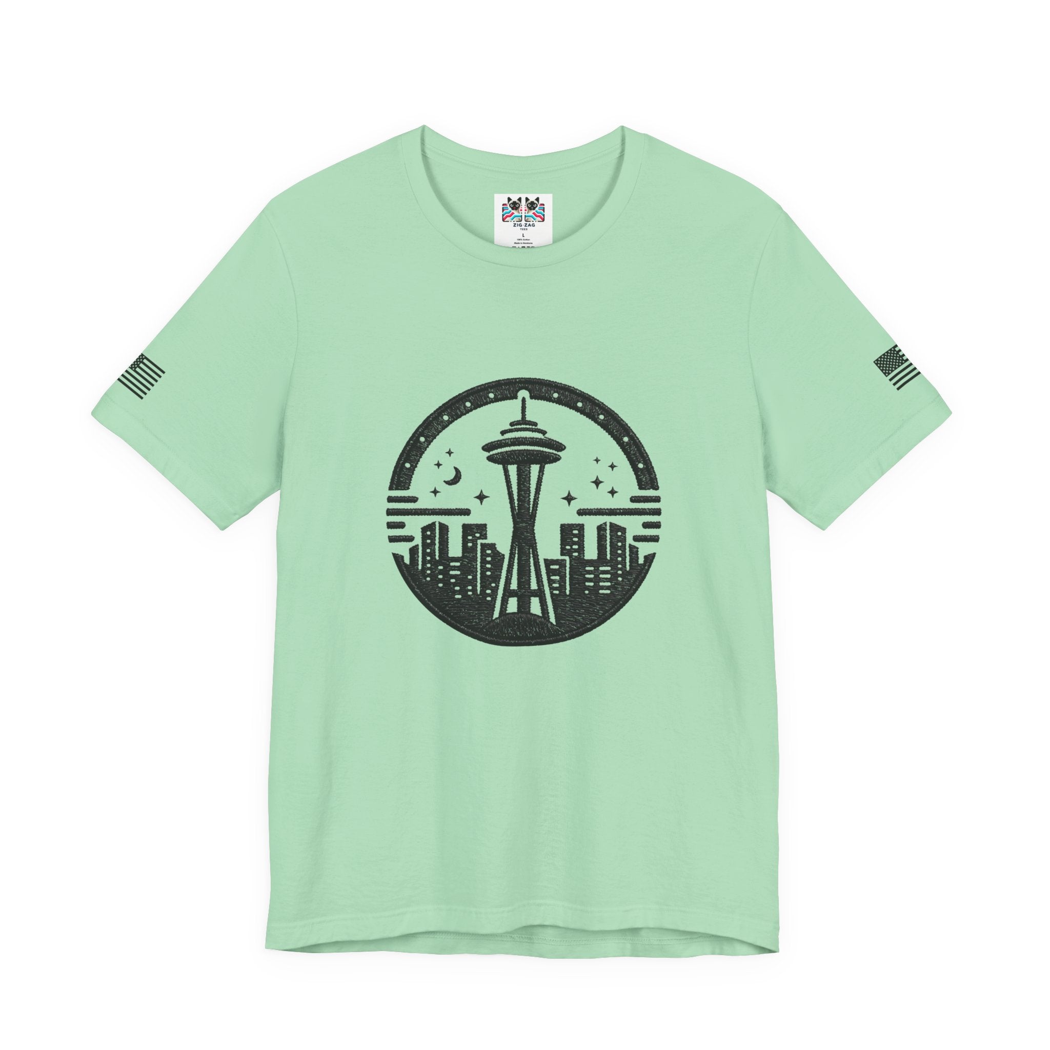 Seattle Space Needle Night Sky Circle Emblem Graphic T-Shirt | Seattle Souvenir Tee | Emerald City Emblem Shirt