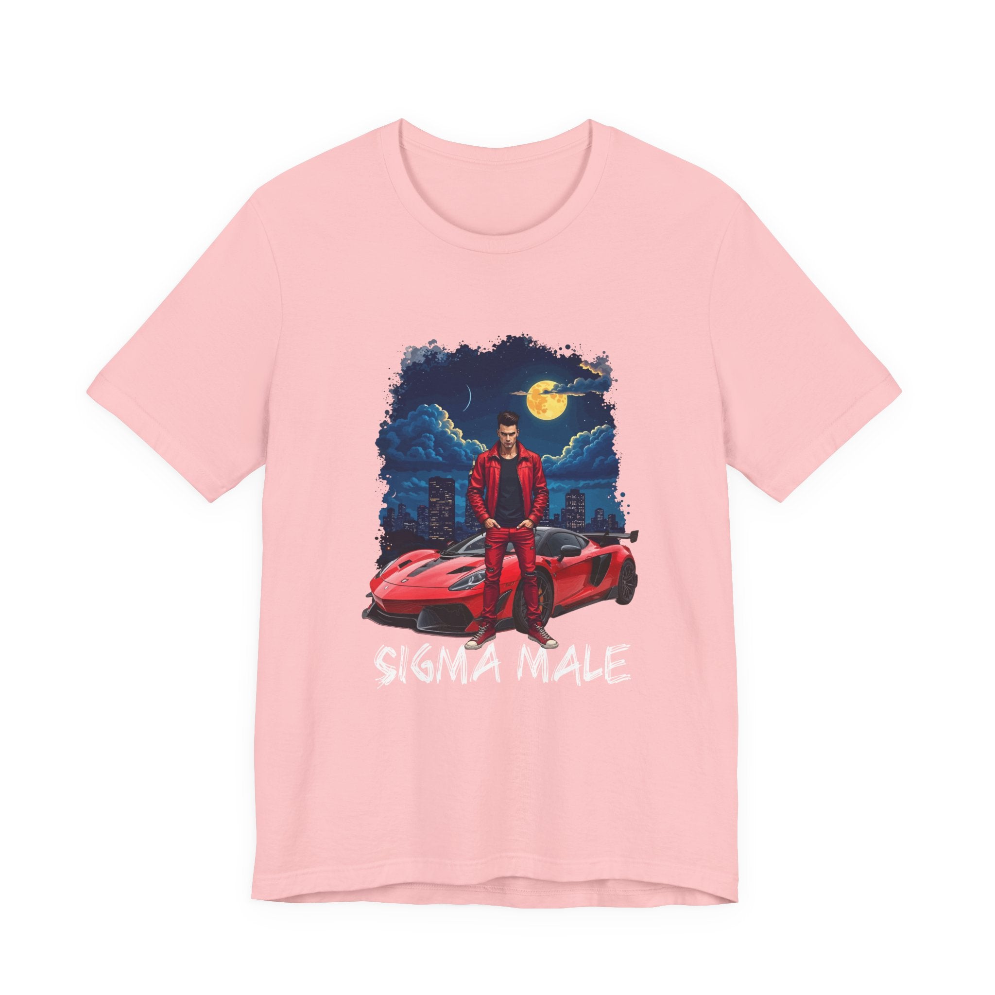SIGMA MALE – Man in Red Jacket with Racing Car and Full Moon Graphic T-Shirt