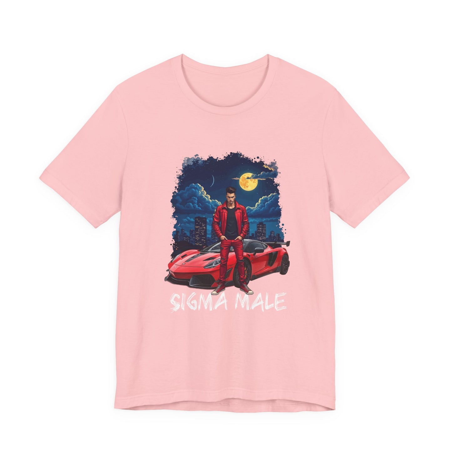 SIGMA MALE – Man in Red Jacket with Racing Car and Full Moon Graphic T-Shirt