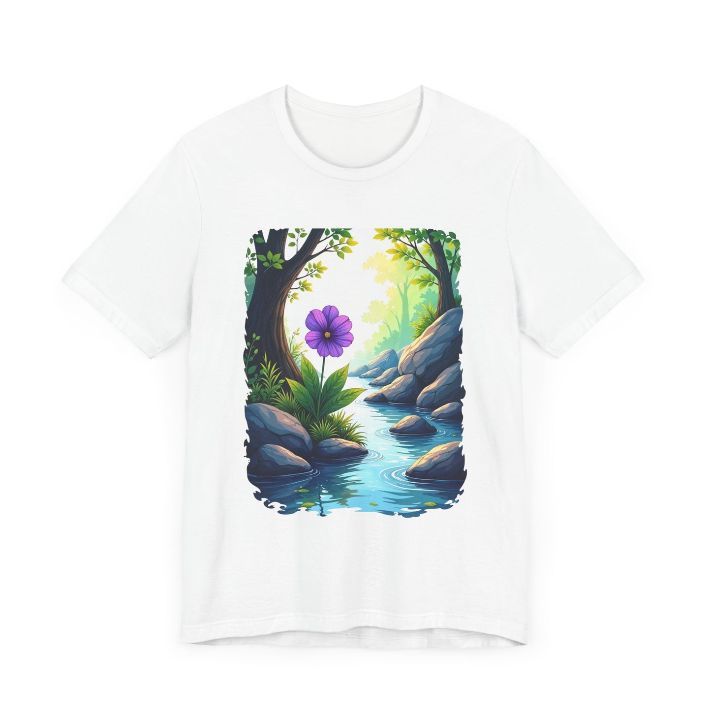 Tranquil Flower Creek T-Shirt – Nature Art Graphic Tee