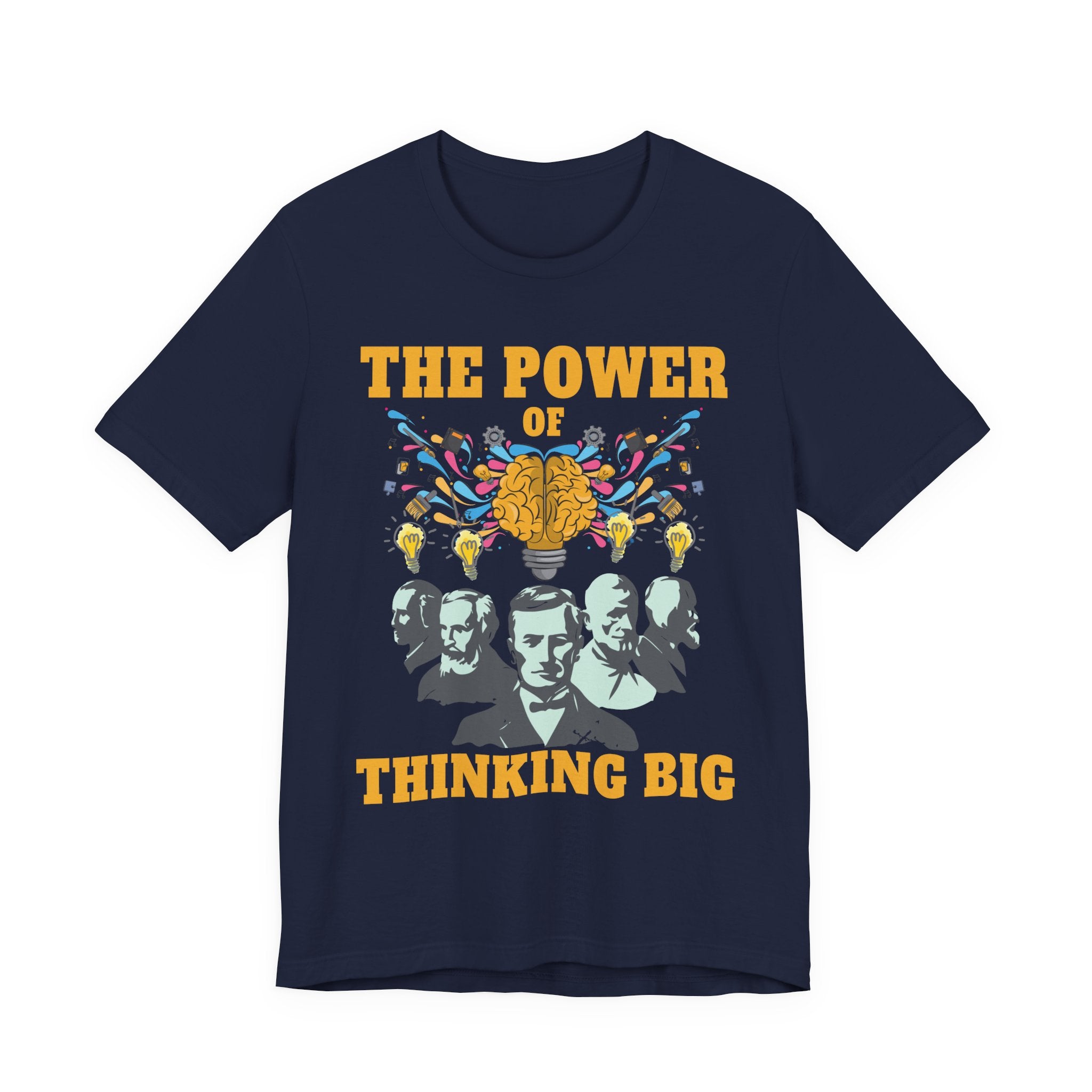 The Power of Thinking Big Tshirt – Brain with Great Scientists and Glowing Bulb Graphic