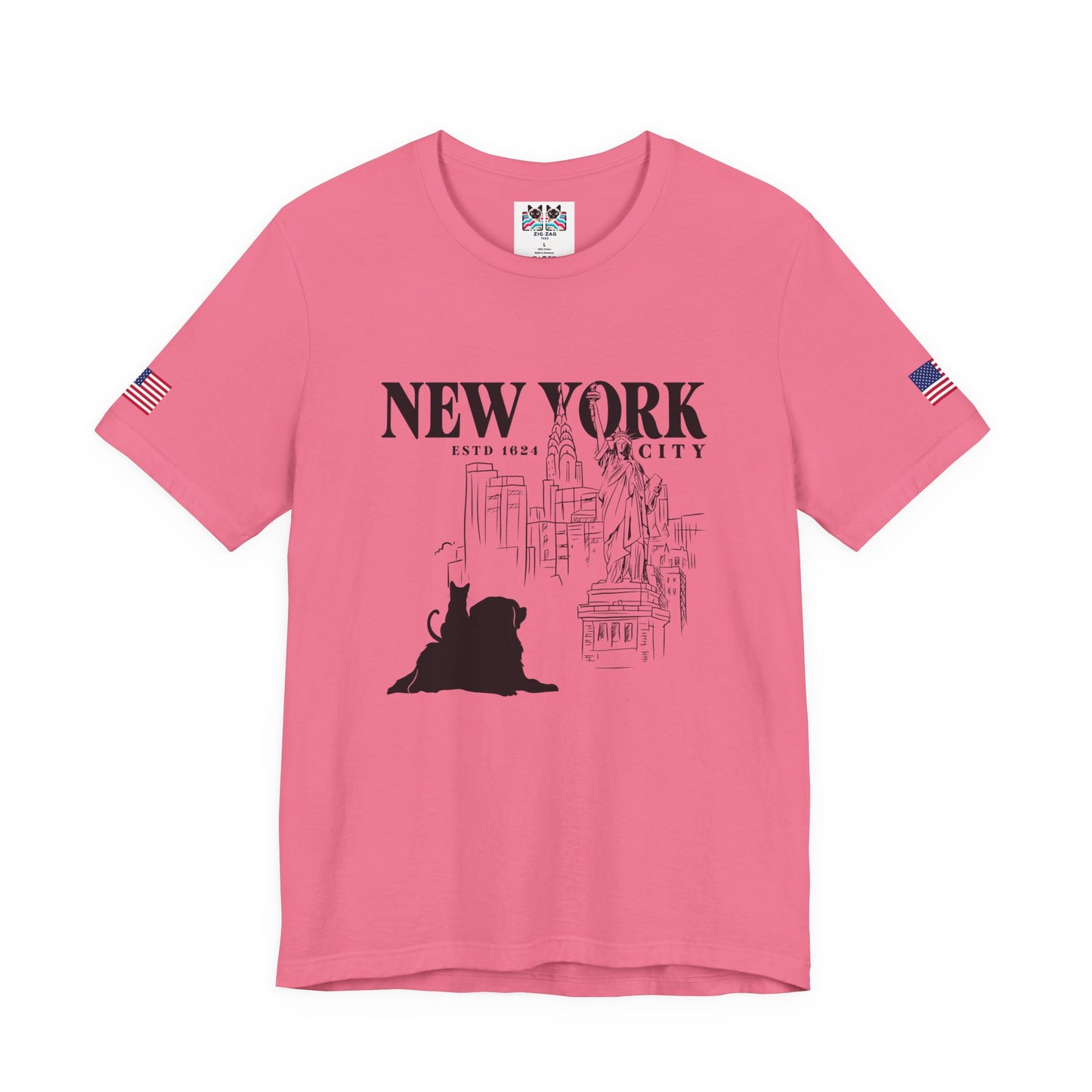 New York City Cat Dog T-Shirt - NYC Est. 1624 Sketch Art with Brooklyn Bridge & Liberty