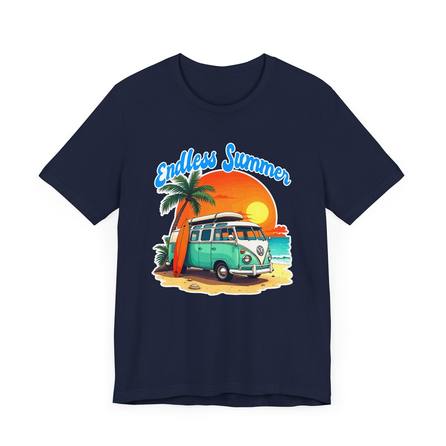 Endless Summer Beach Van with Surfboard and Palm Tree Sunset Graphic T-Shirt