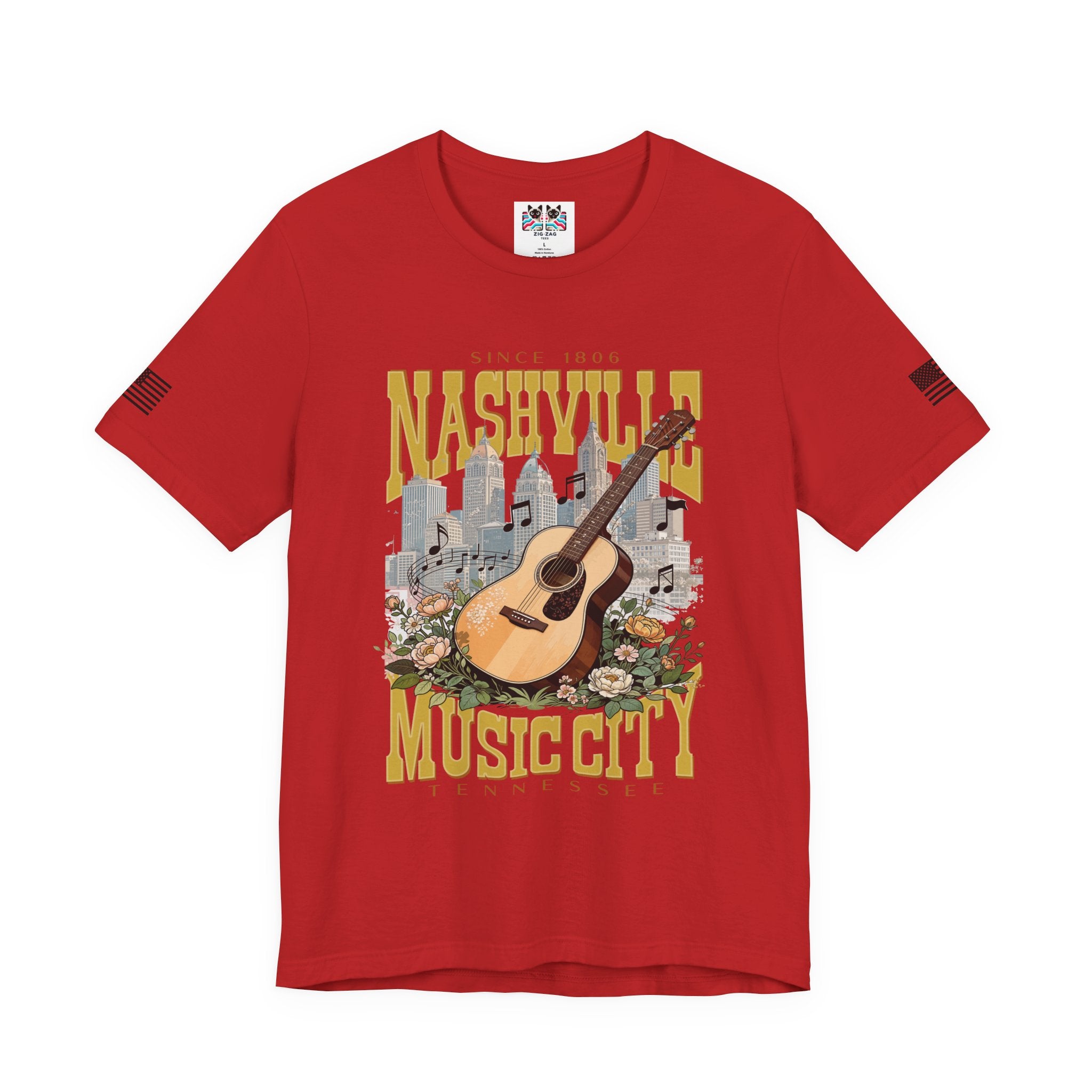 Nashville Music City Since 1806 T-Shirt – Acoustic Guitar Skyline Floral Graphic Tee Tennessee