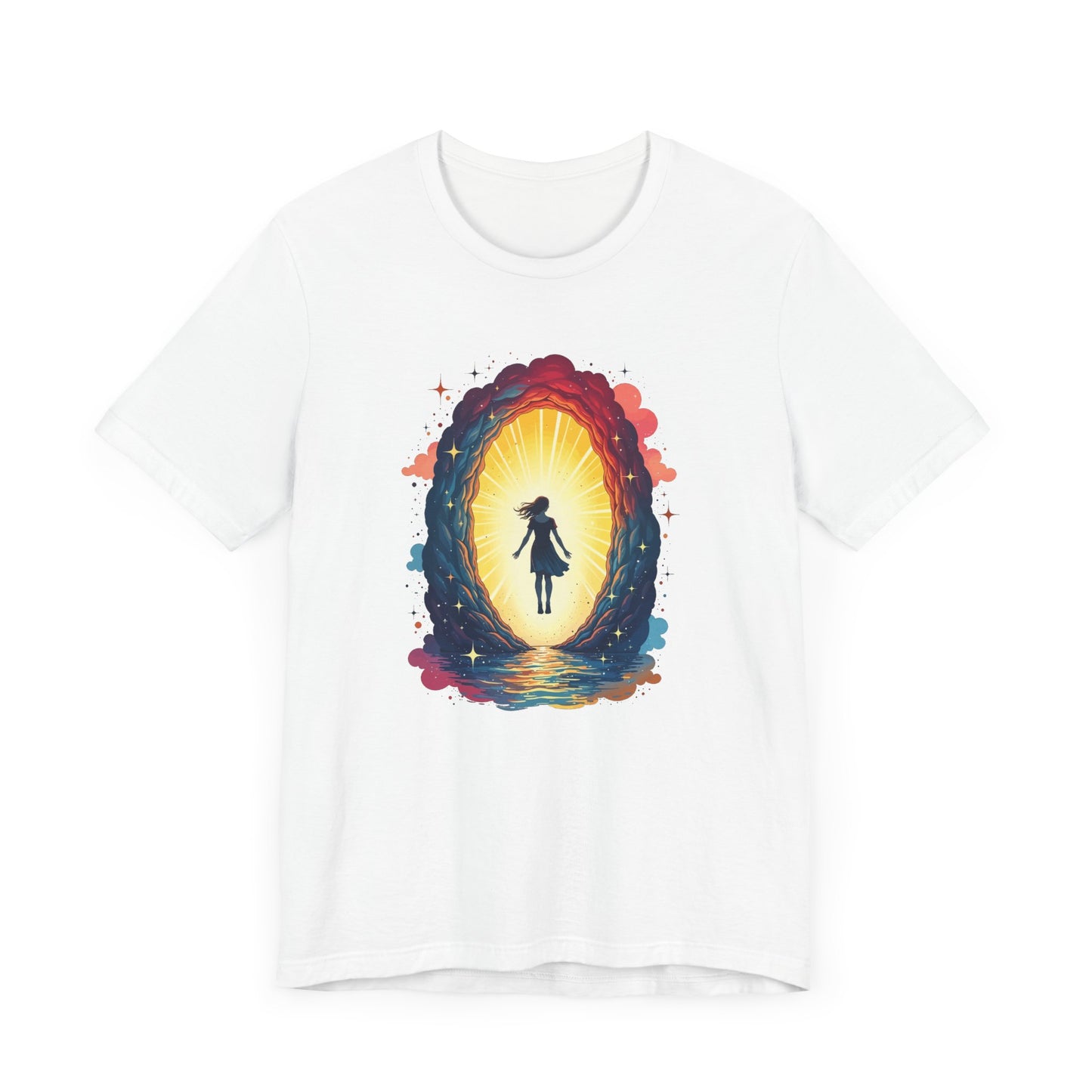 Interdimensional Chill – Floating Woman in Cosmic Portal Graphic T-Shirt
