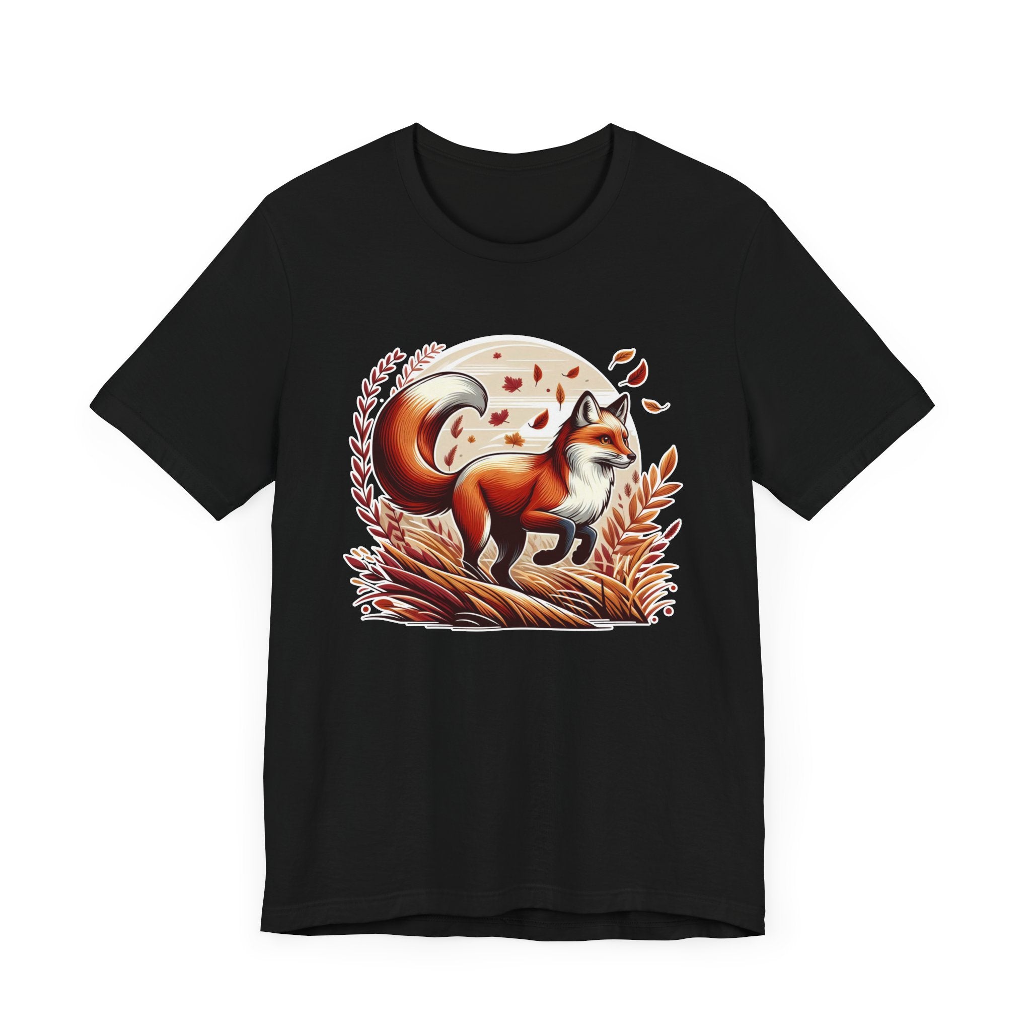 Grace and Agility - Elegant Fox Leaping in Grain Field with Flying Leaves Graphic T-Shirt