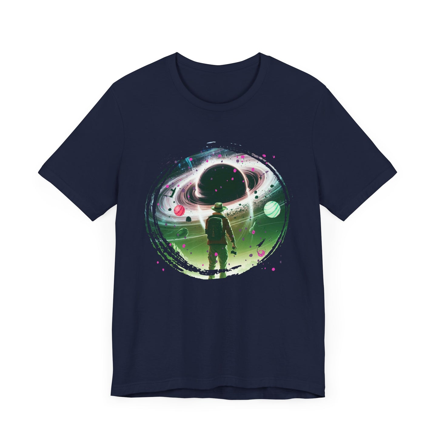 Shocked Traveler & Dramatic Planets | Backpacker Gazing at Planets Graphic T-Shirt