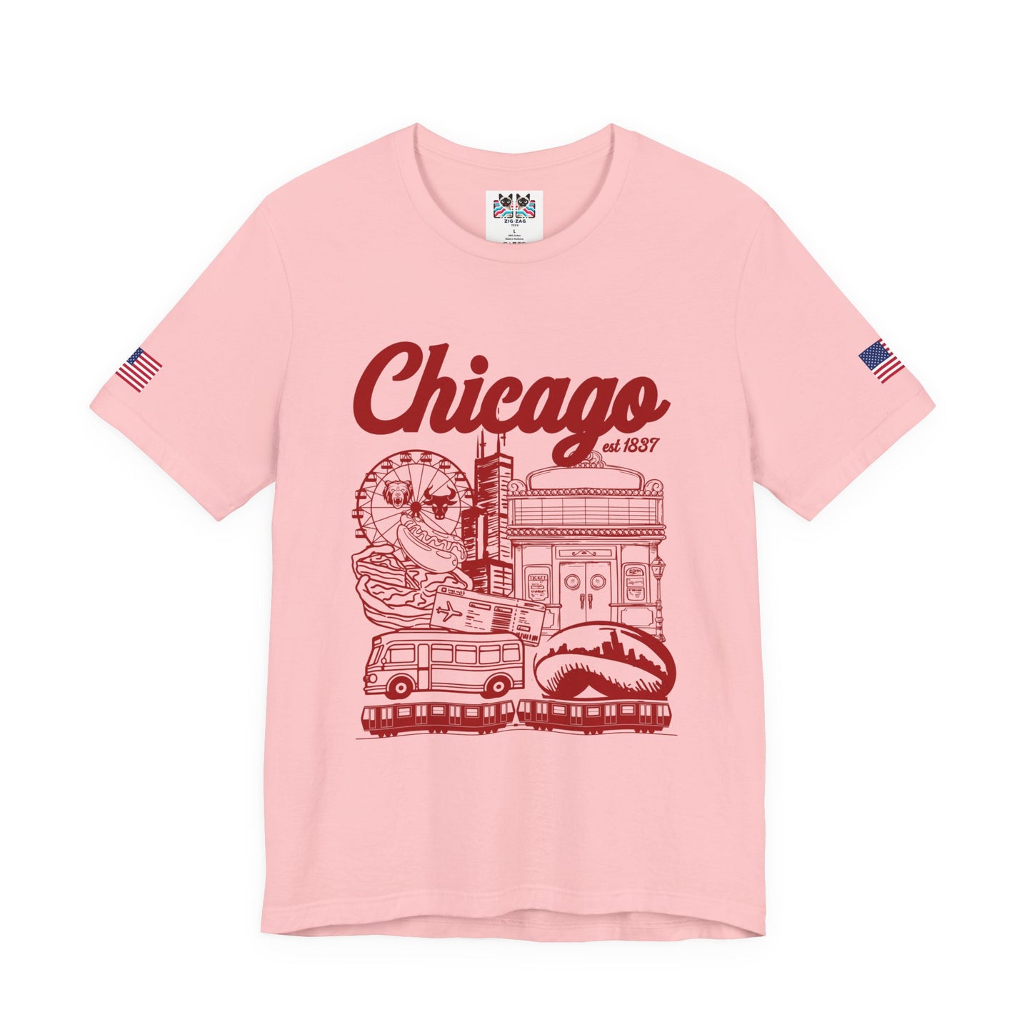 Chicago Est 1837 T-Shirt - Iconic Landmarks Yellow Red Illinois Tourist Collage