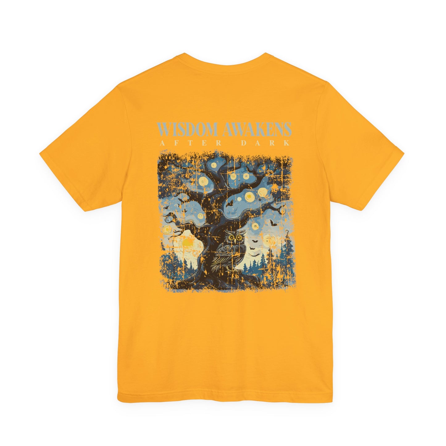 Wisdom Awakens After Dark T-Shirt – Night Owl and Moonlit Tree Graphic