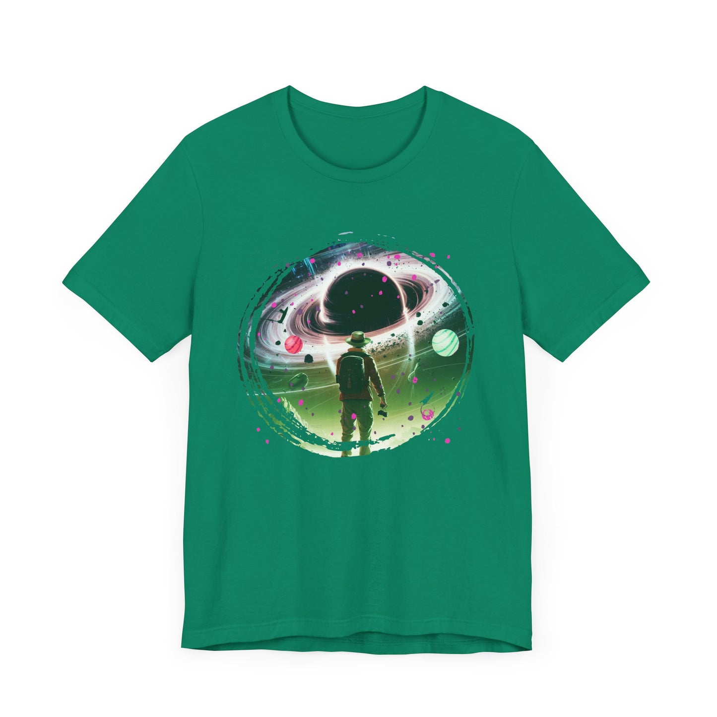 Shocked Traveler & Dramatic Planets | Backpacker Gazing at Planets Graphic T-Shirt
