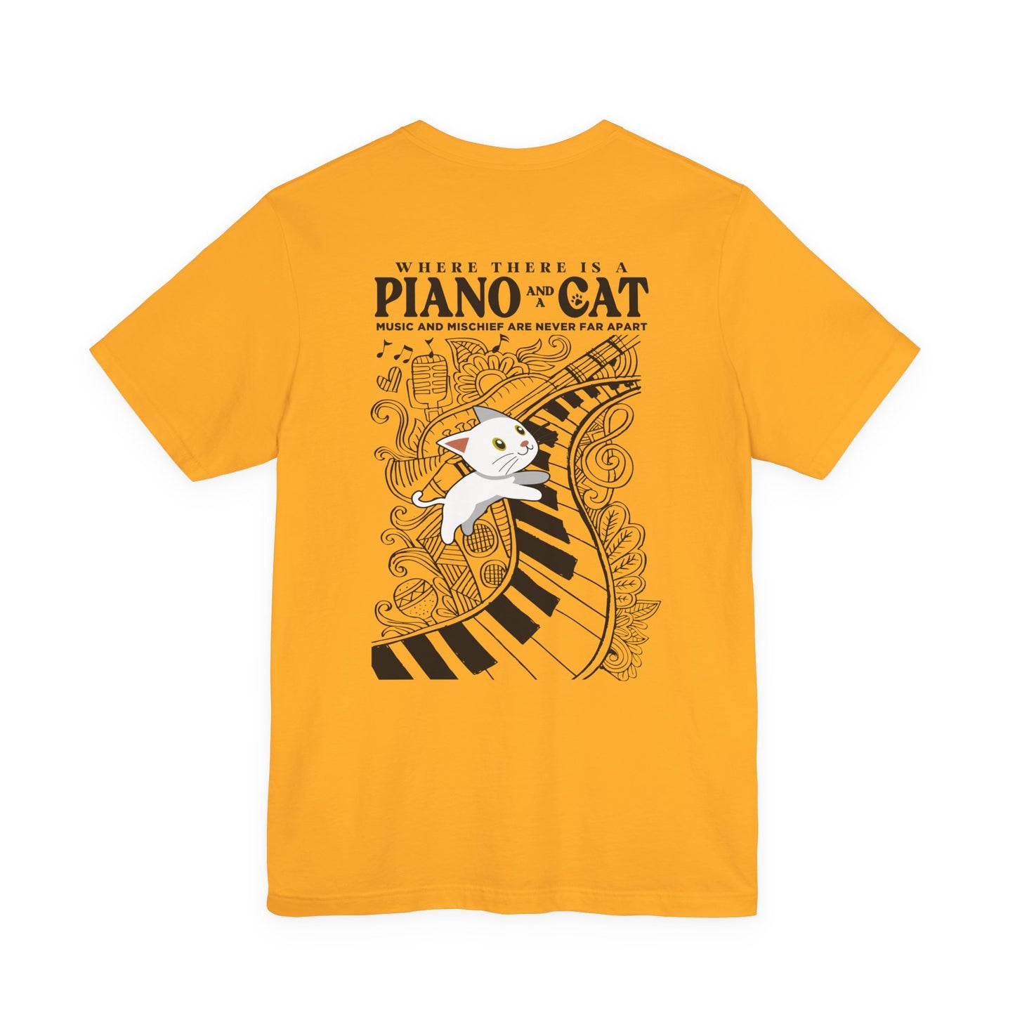 Music and Mischief T-Shirt – Piano and Playful Cat Graphic